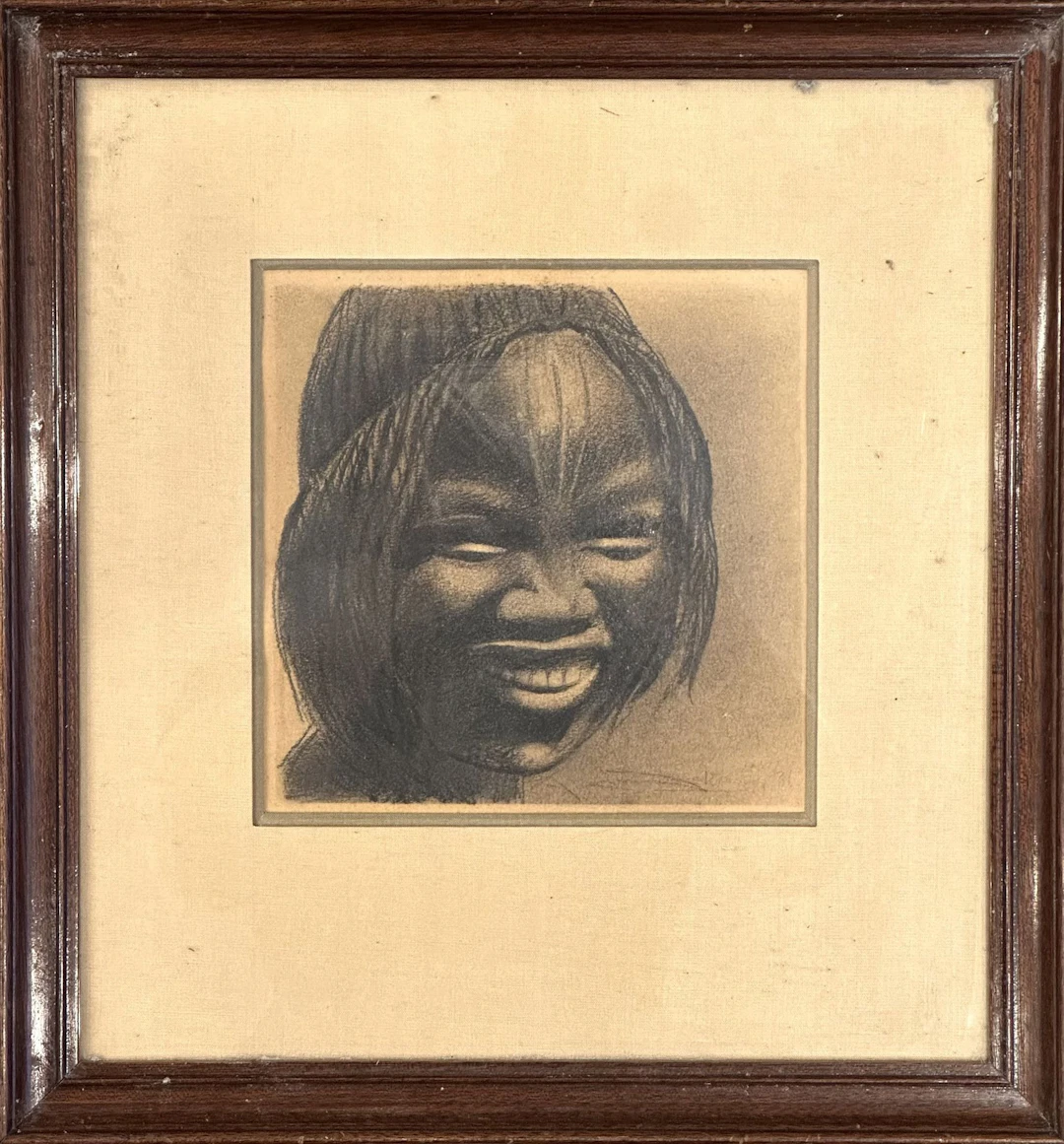 MODERN SCHOOL. Smiling young girl. Charcoal drawing. Signed in red