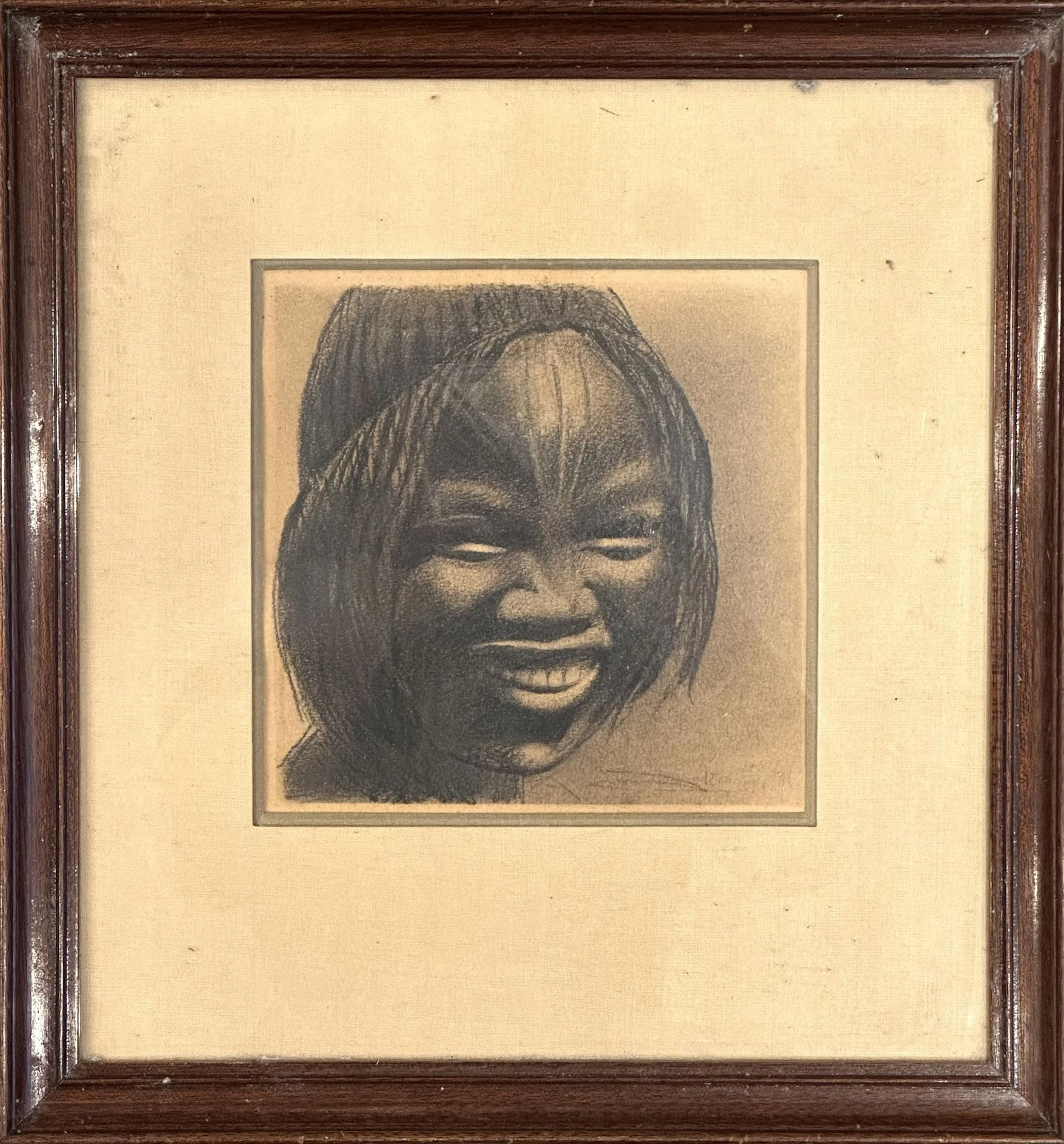 MODERN SCHOOL. Smiling young girl. Charcoal drawing. Signed in red