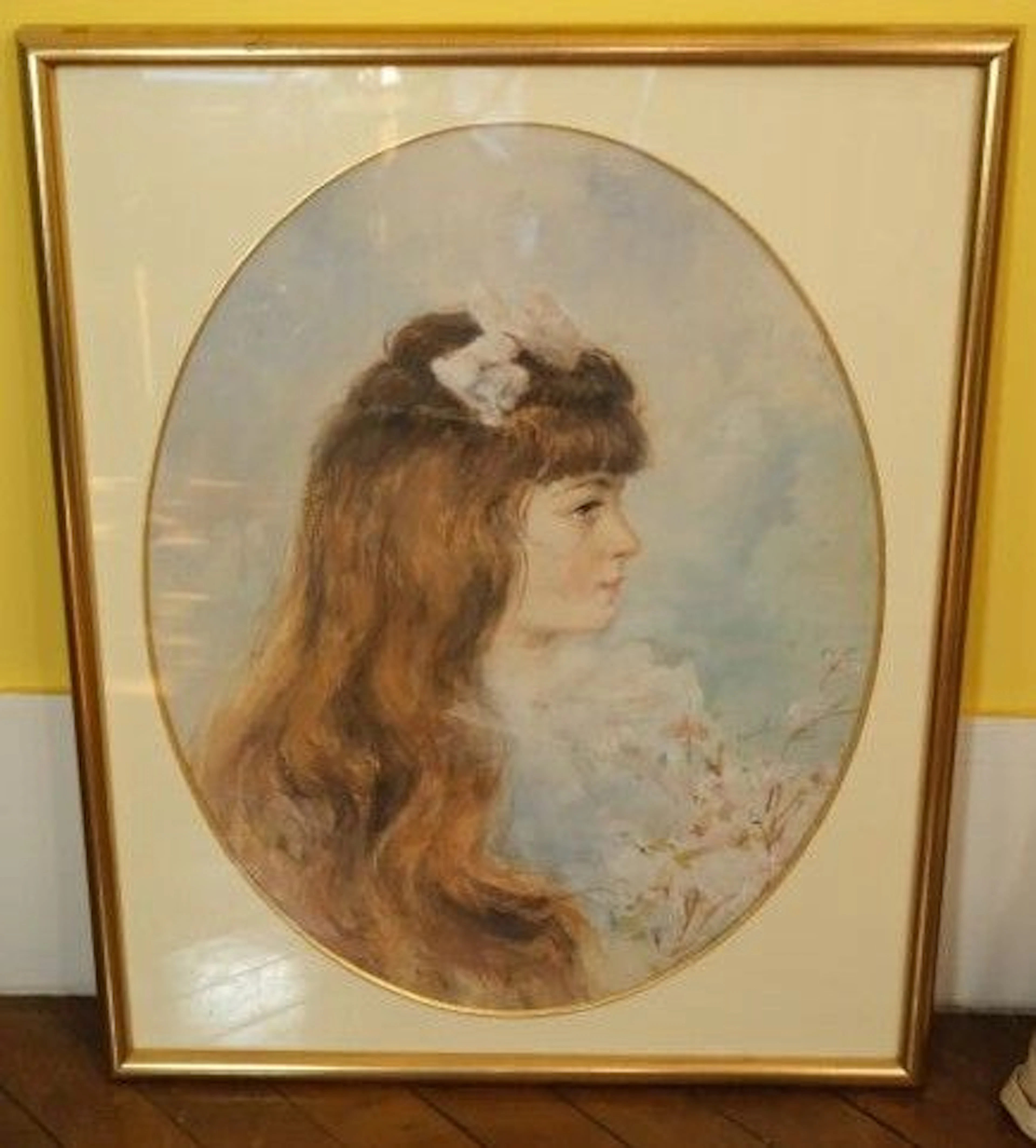 20th-Century French School Portrait of a Young Girl with a Bow. Watercolor