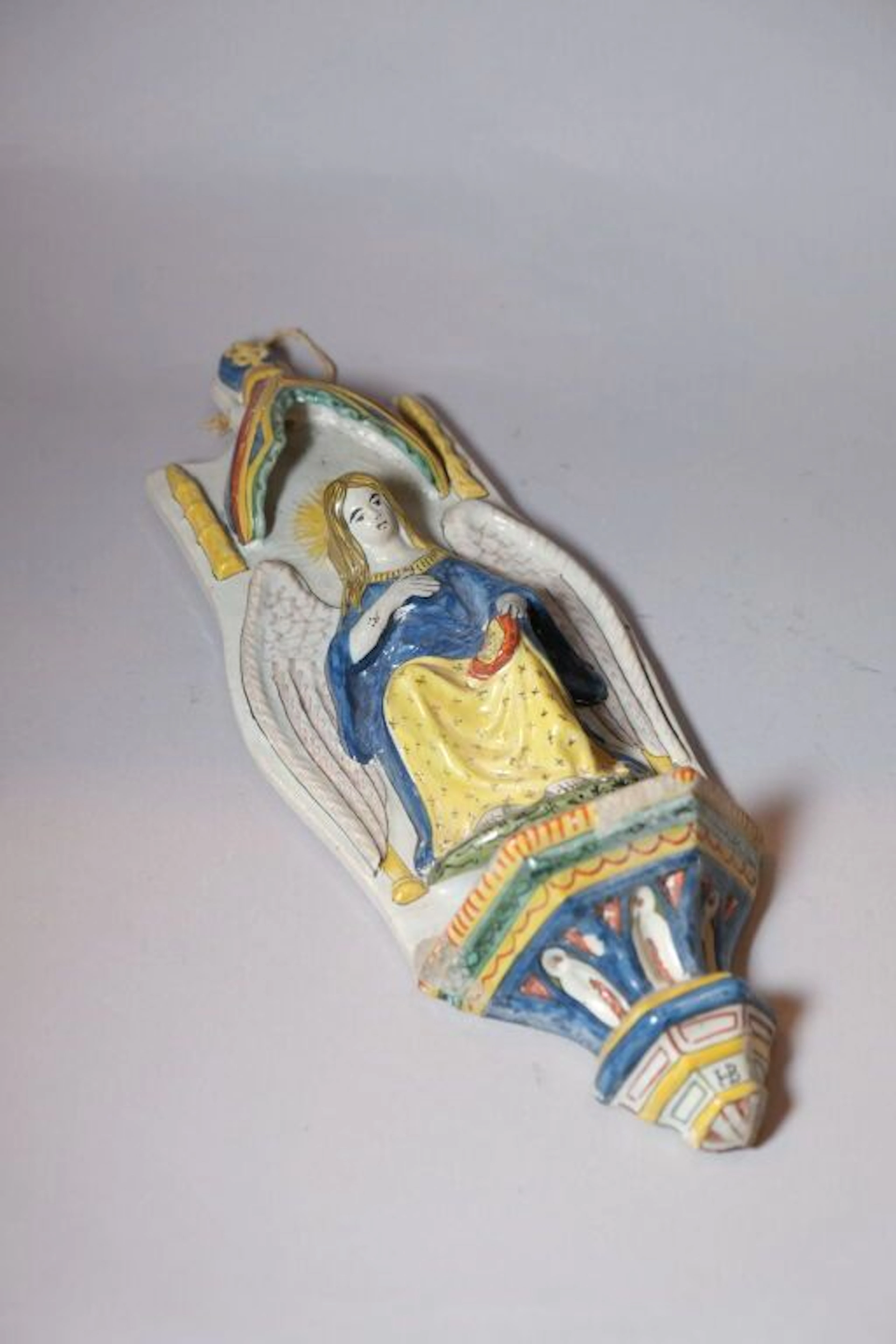 Probably HENRIOT-QUIMPER. Small polychrome earthenware holy water