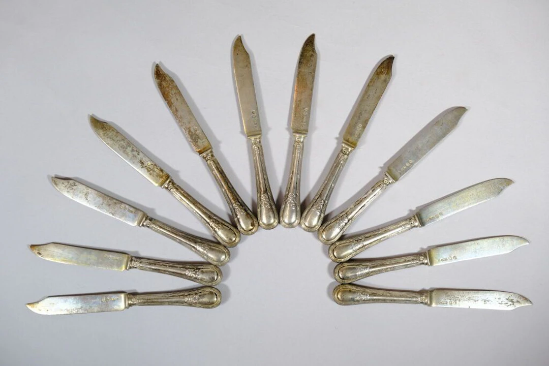 Set of 12 fruit knives, with blades in 800/1000 silver bearing the