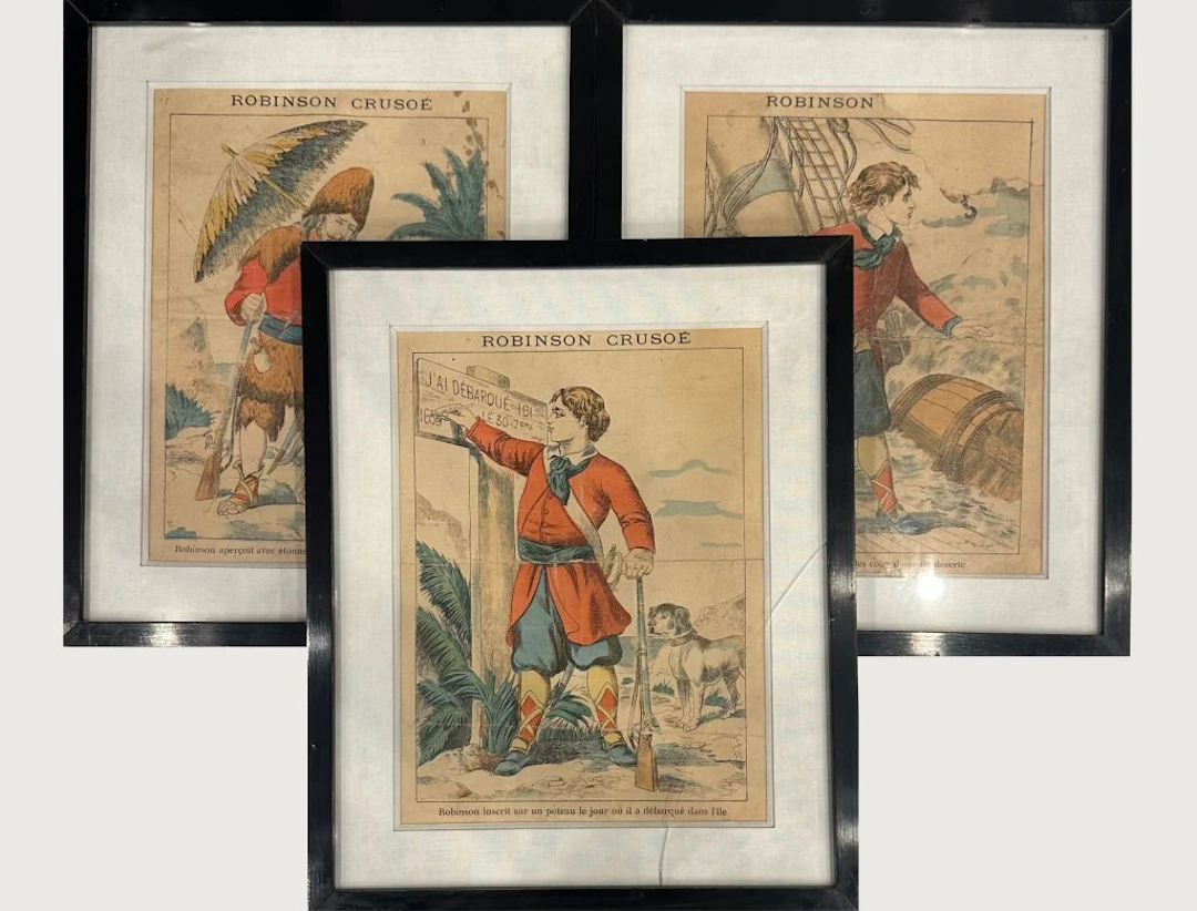 ROBINSON CRUSOE. A set of 3 color prints depicting the adventures
