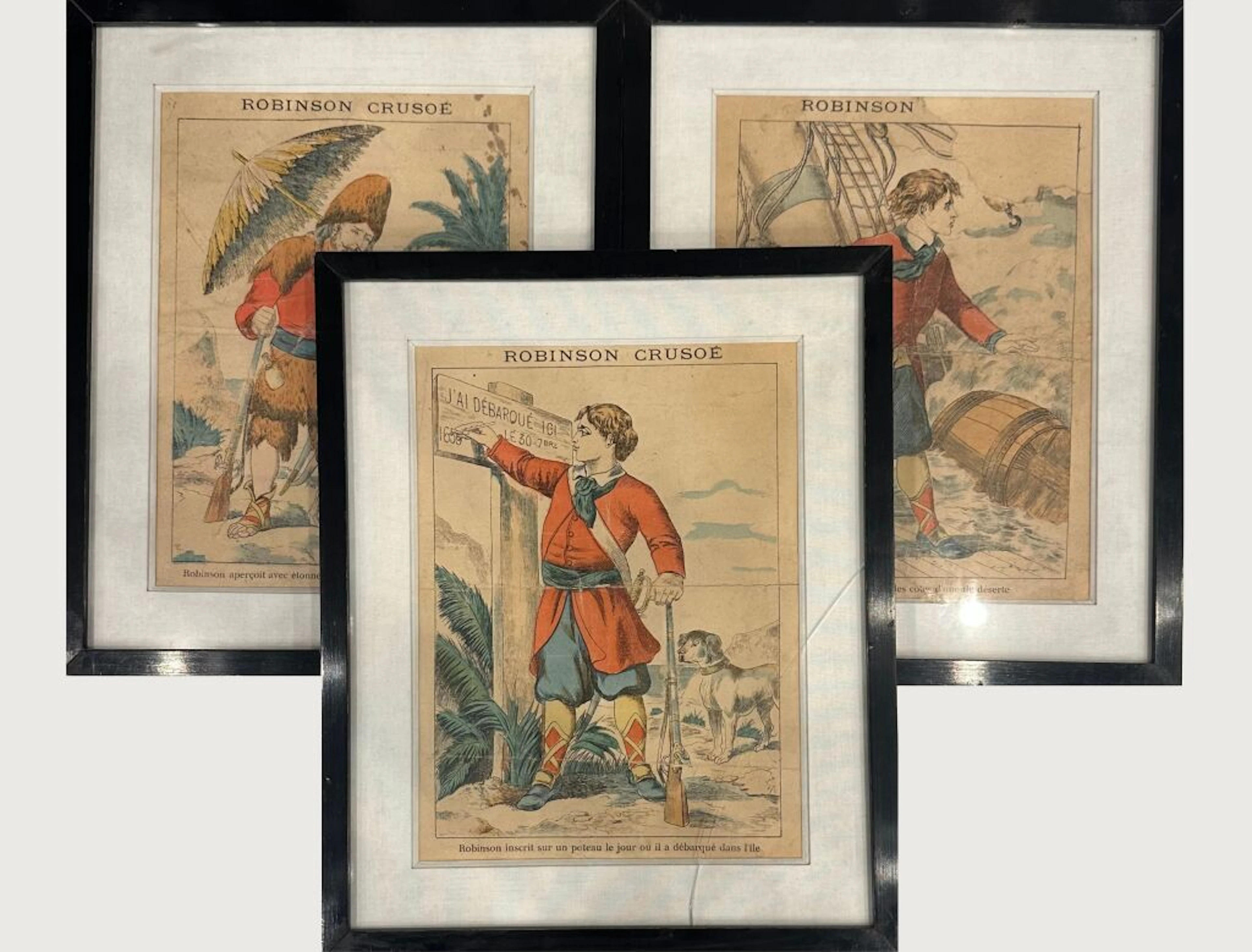ROBINSON CRUSOE. A set of 3 color prints depicting the adventures