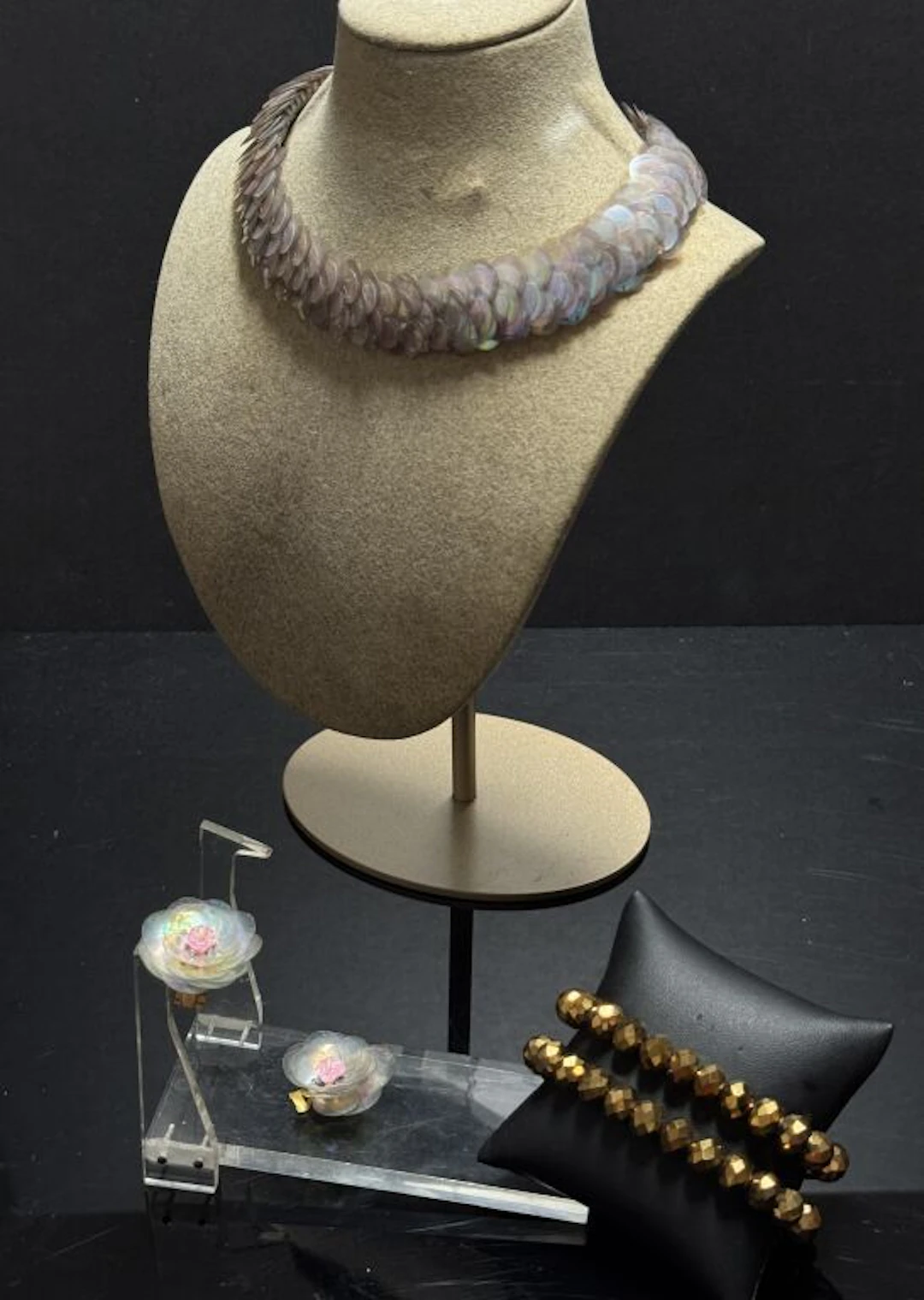 Couture jewelry set made of translucent celluloid sequins, resin