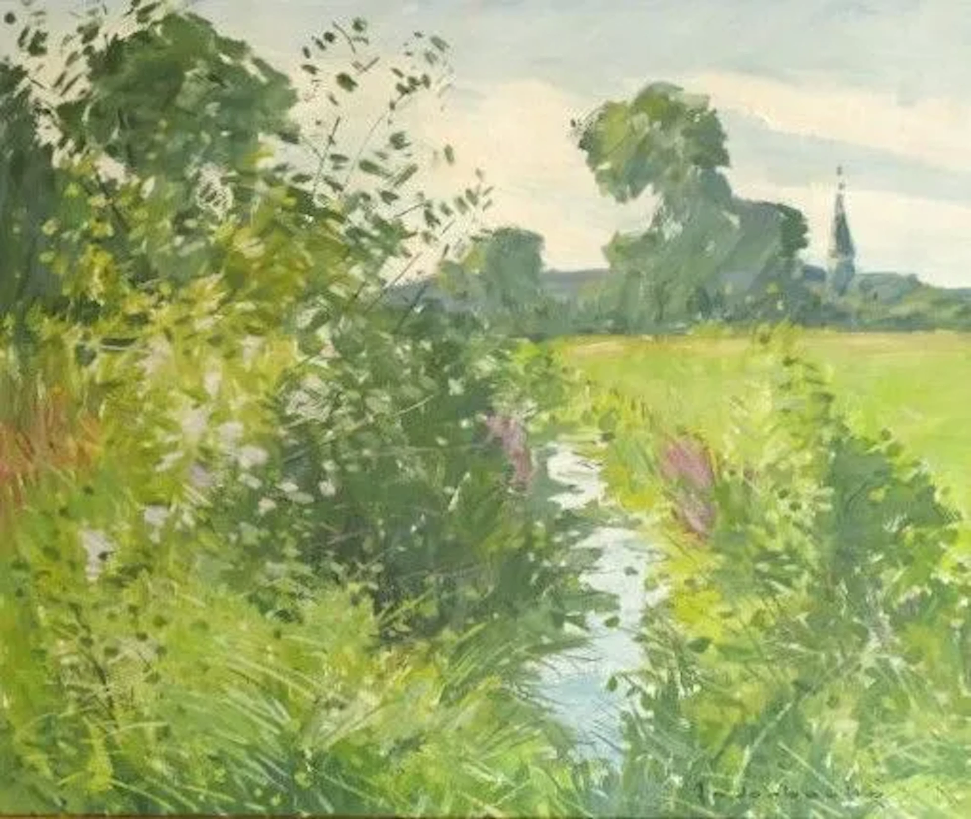 Paul HANDERBOUHR (1909–2006). View of a river near a church, perhaps