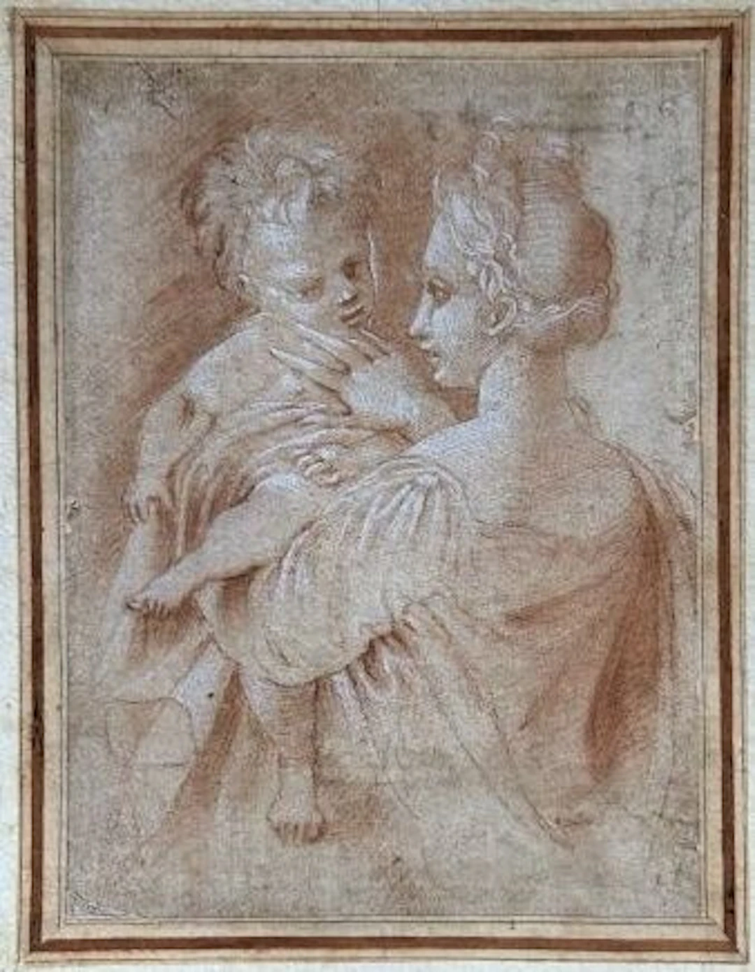 Copy of a Parmesan. Red chalk with white highlights, bearing a "Parmeggiano"