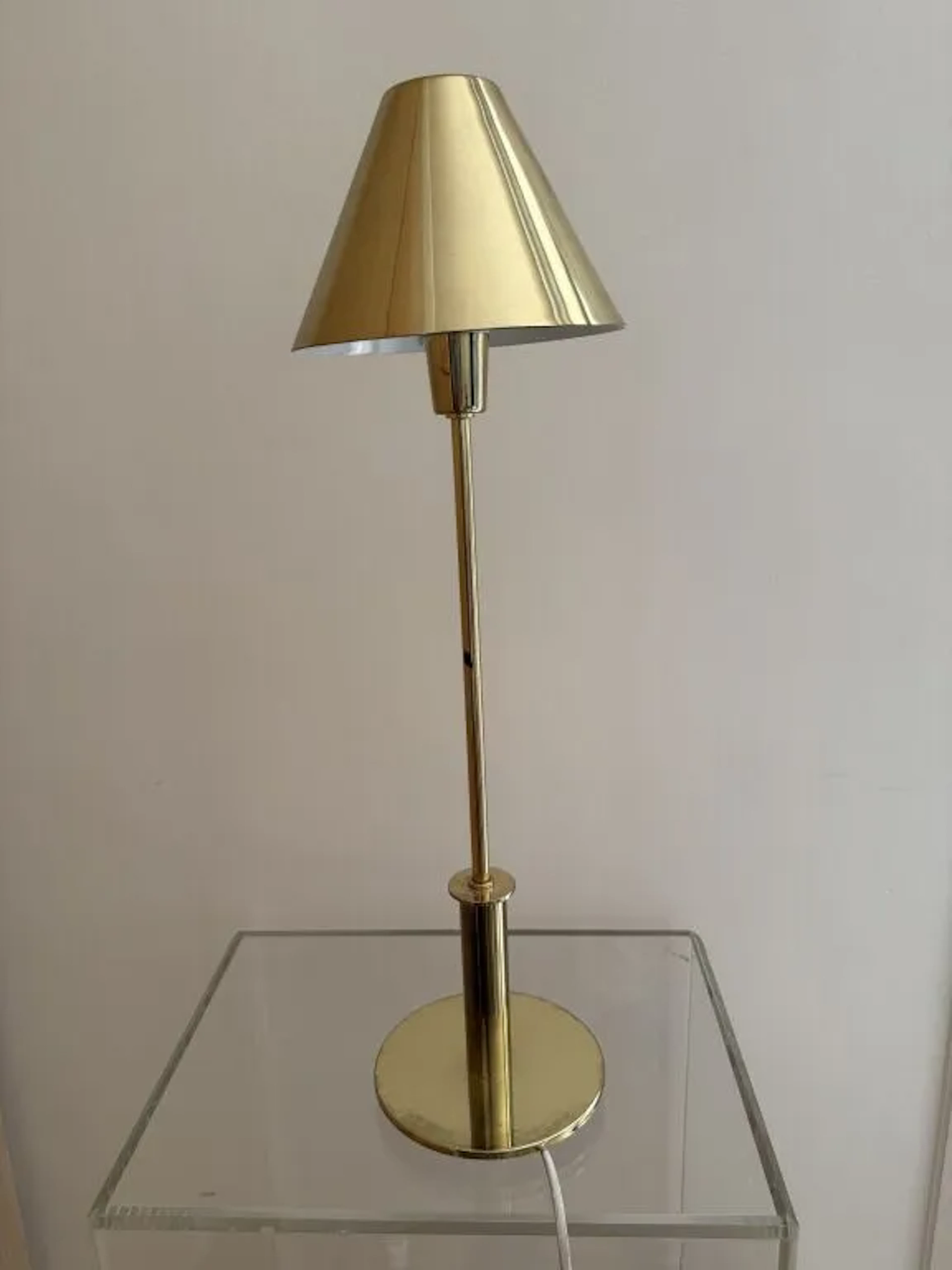 Small gold-plated brass desk lamp with a matching lampshade. Made