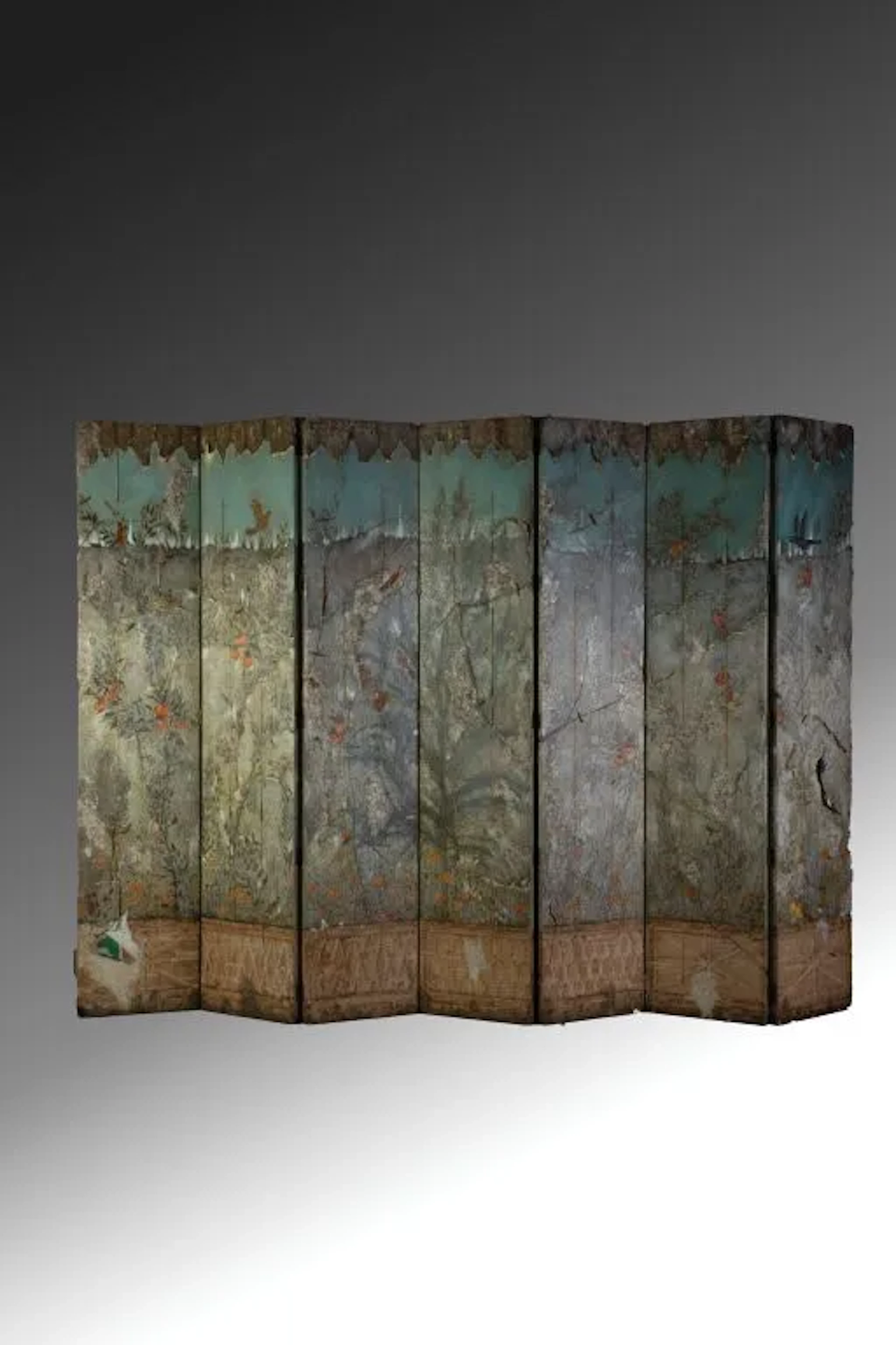 20th-century school. Seven-panel folding screen with a design of birds