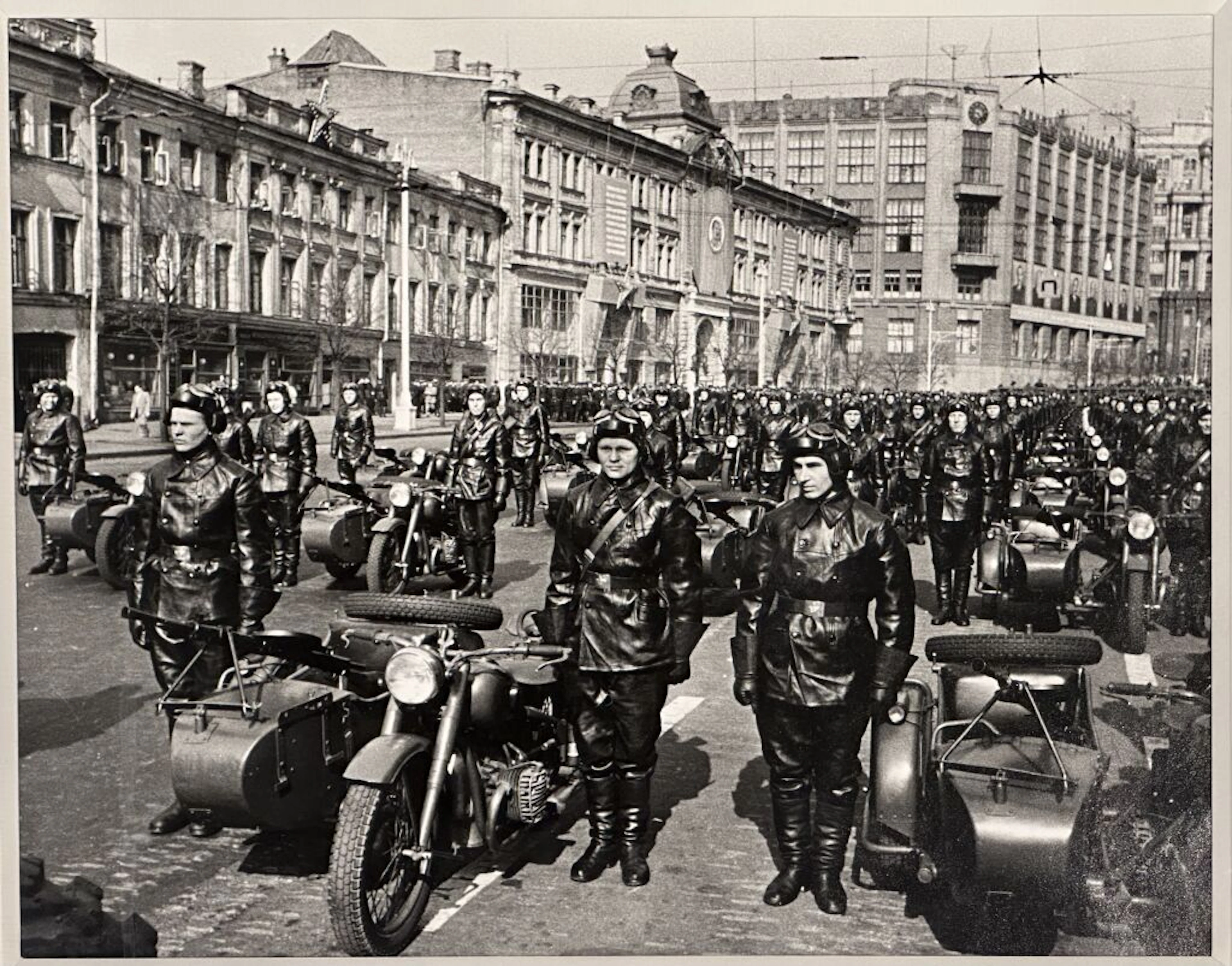 Probably Russia, circa 1950. Motorized parade. Silver gelatin print