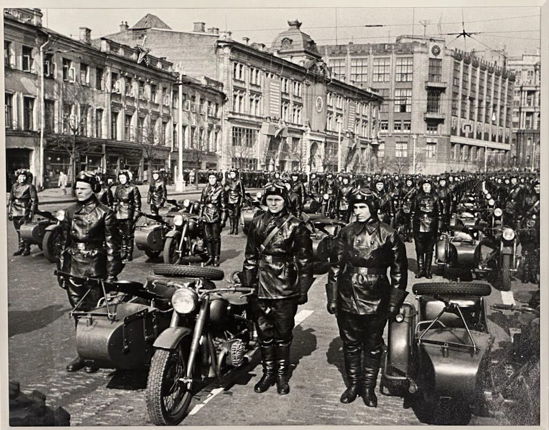 Probably Russia, circa 1950. Motorized parade. Silver gelatin print