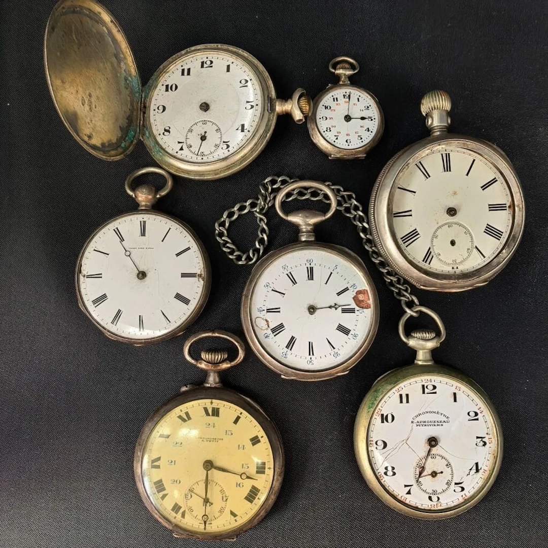 Set of seven 800‰ silver pocket watches and timepieces, as-is, with