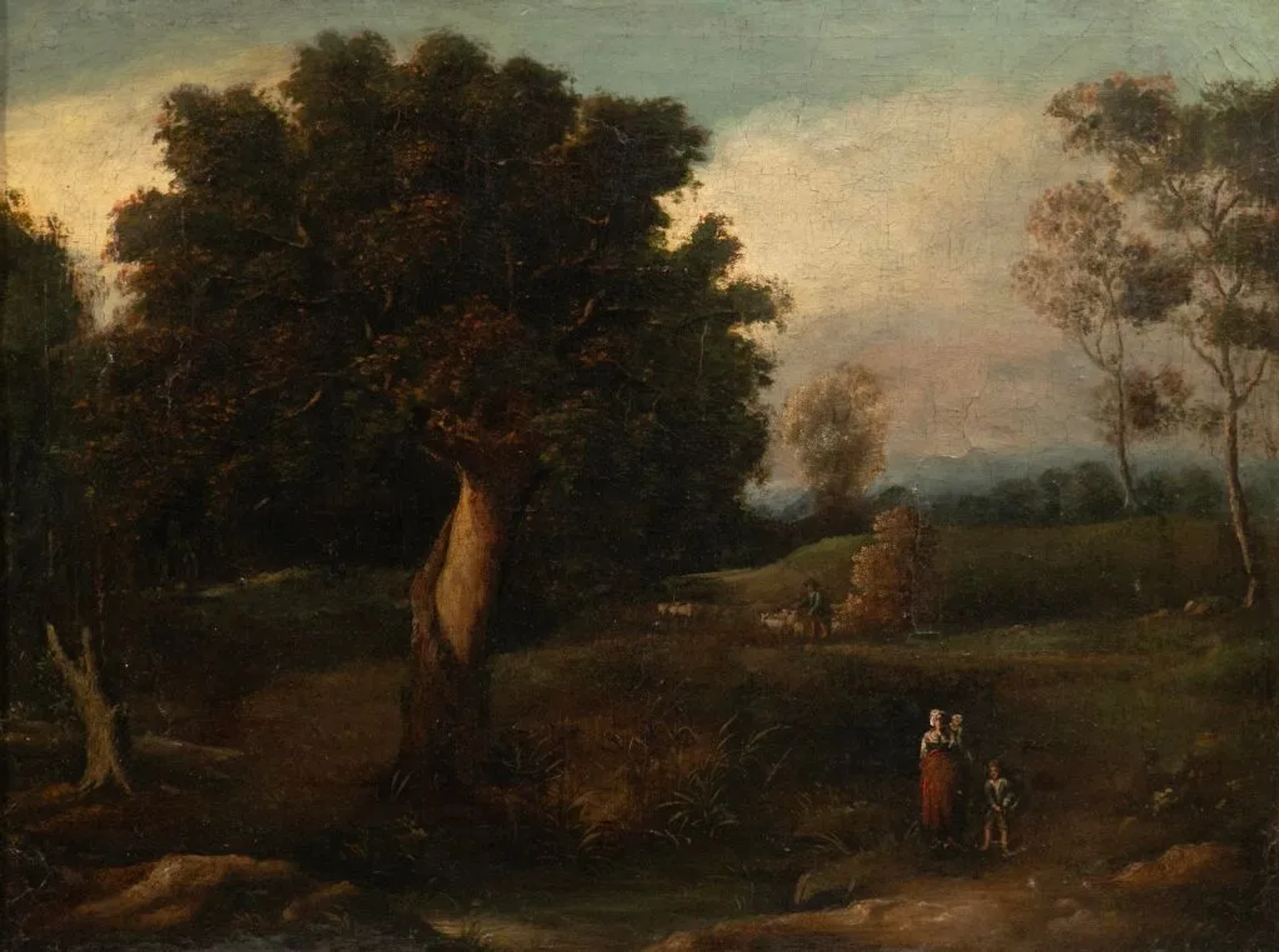 19th-century Flemish school. Landscape featuring a woman, her children