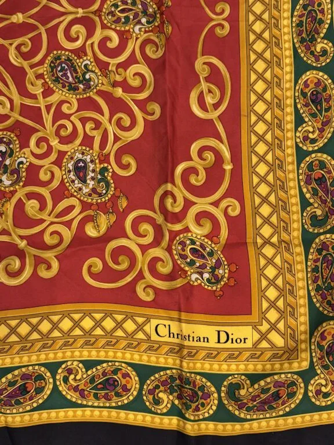 CHRISTIAN DIOR Silk scarf with a red and gold background, navy blue