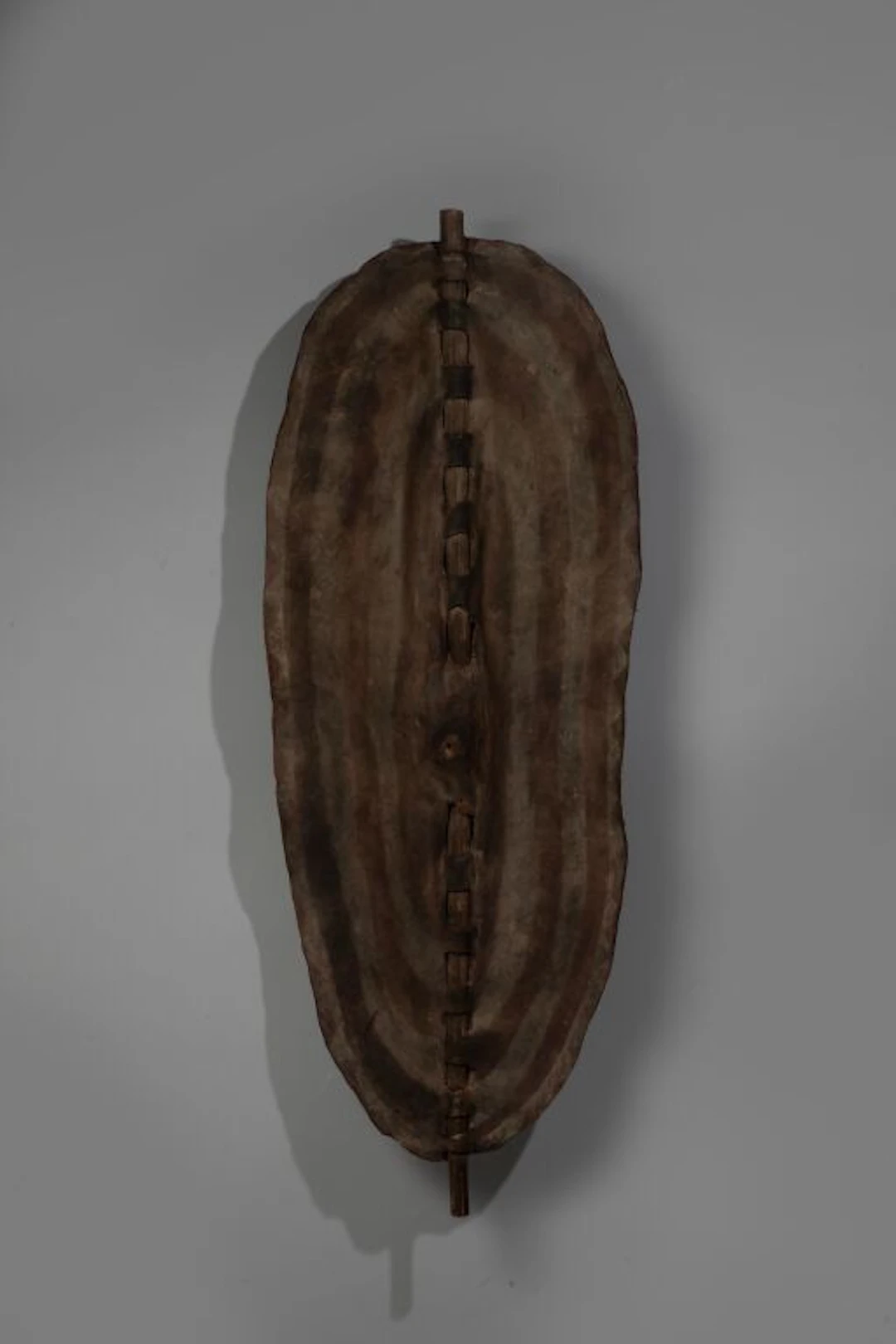 An oblong shield made of skin stretched over a wooden shaft that runs