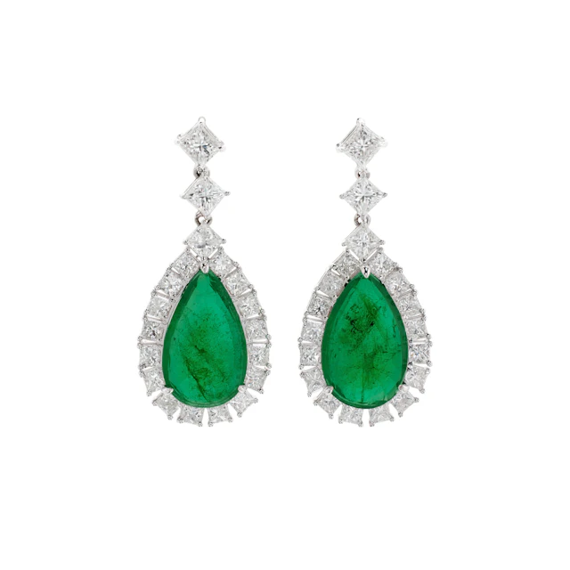 White Gold, 10.85ctw Zambian Emerald and Diamond Drop Earrings