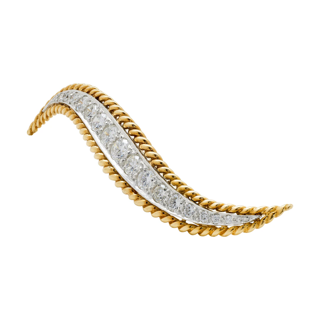 Vintage Platinum, Gold and Diamond Wave Brooch