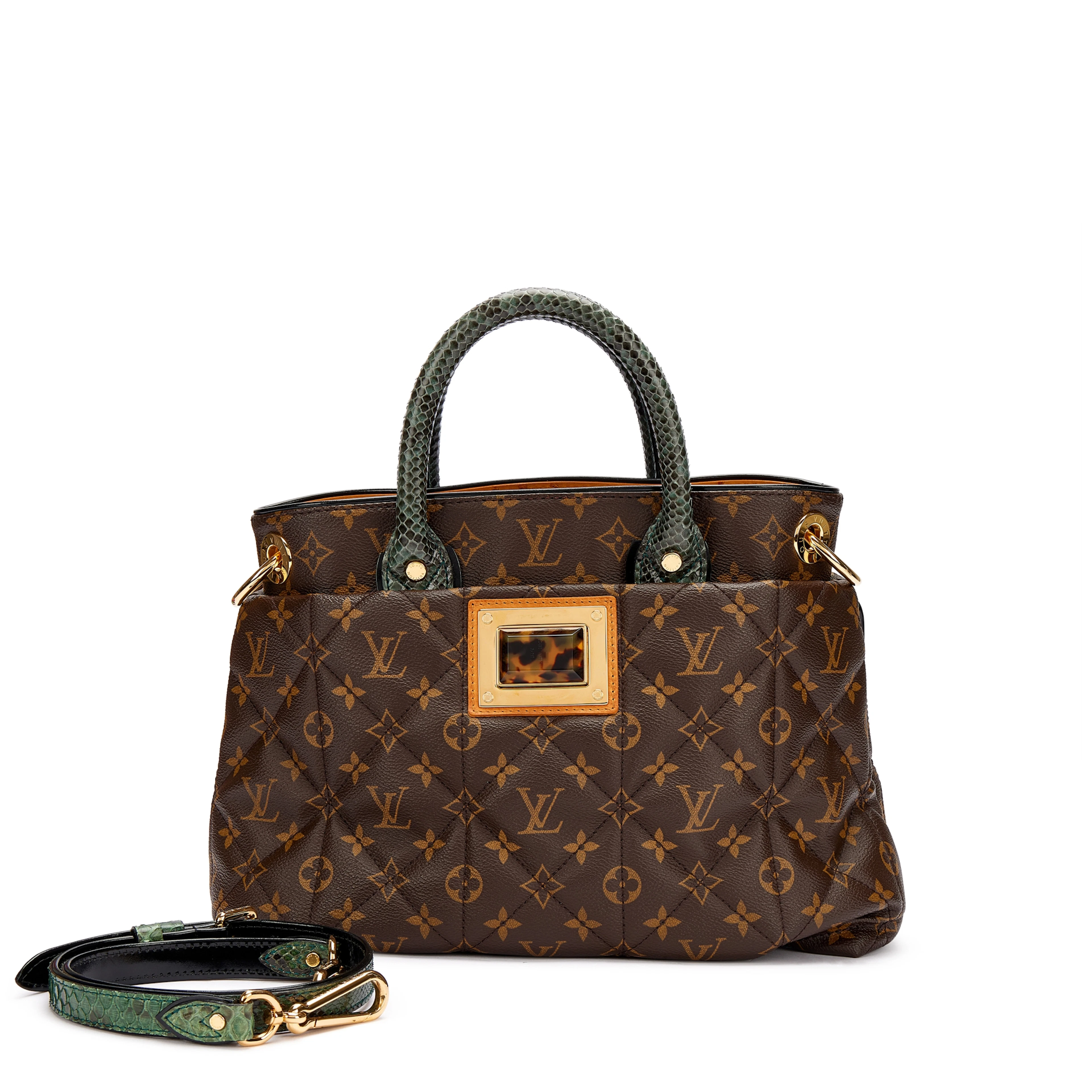 Brown Monogram Coated Canvas and Ostrich and Green Python Etoile Tote