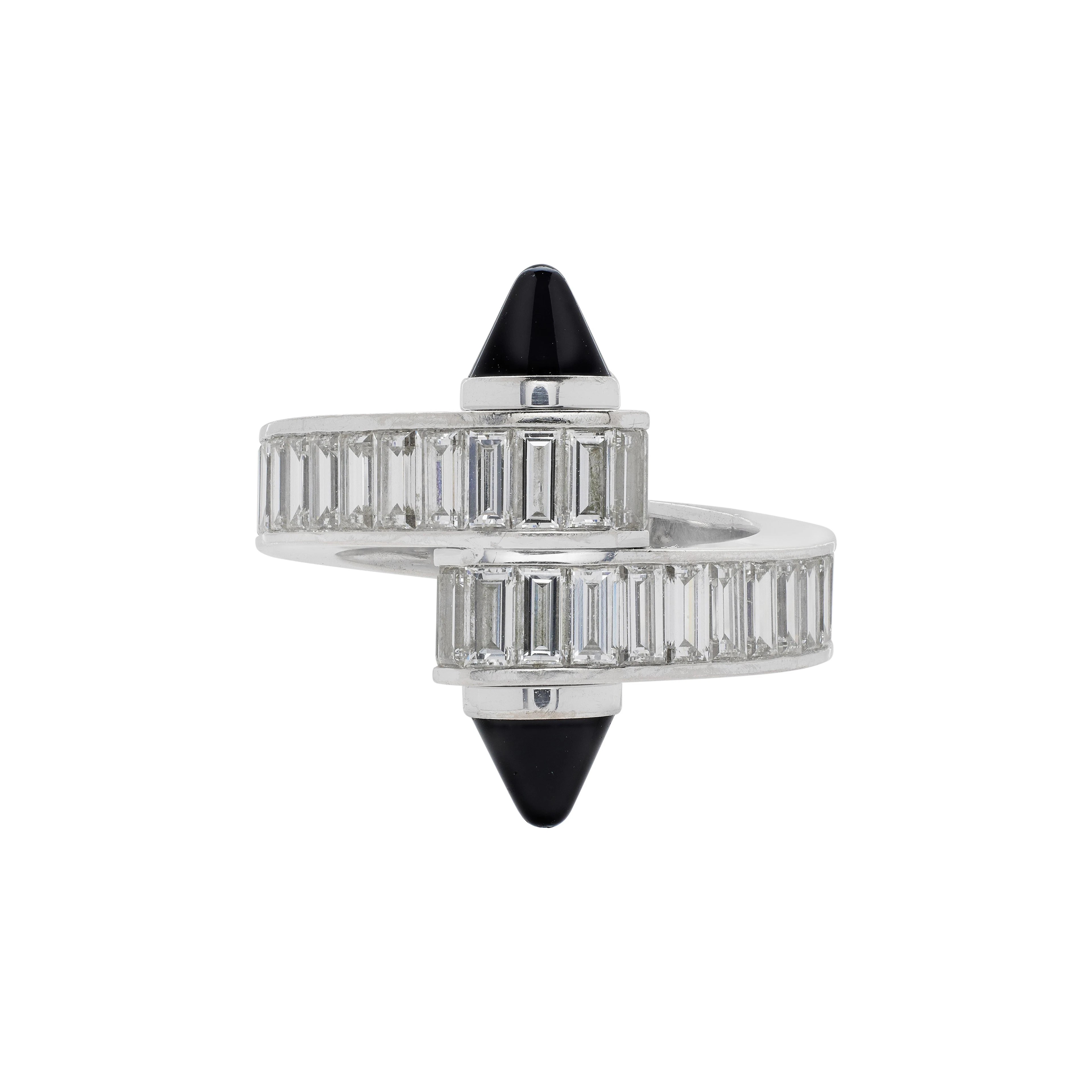 White Gold, Onyx and Diamond Menotte Crossover Ring