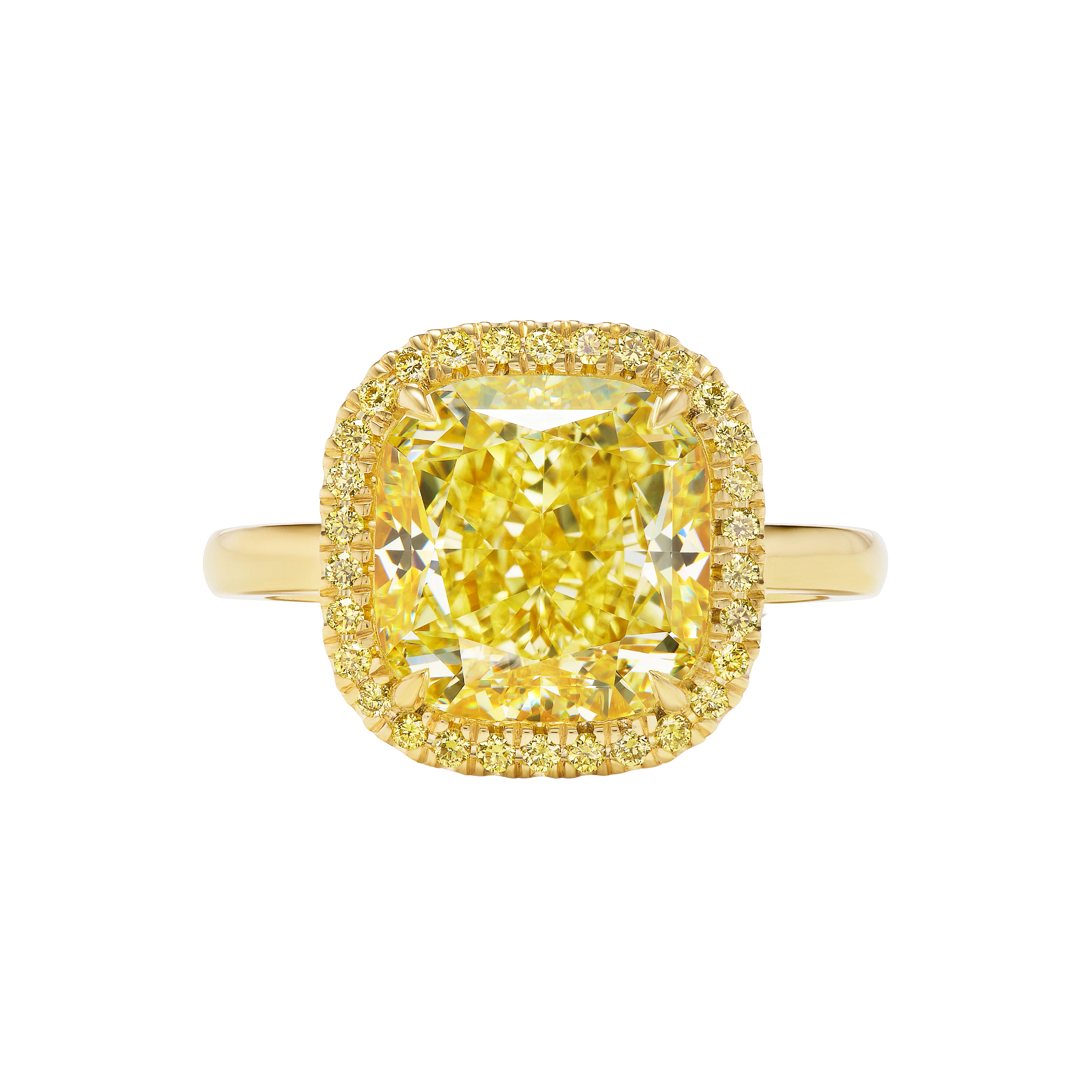 Gold, 5.82ct Cushion Cut Fancy Yellow Diamond and Yellow Diamond Engagement