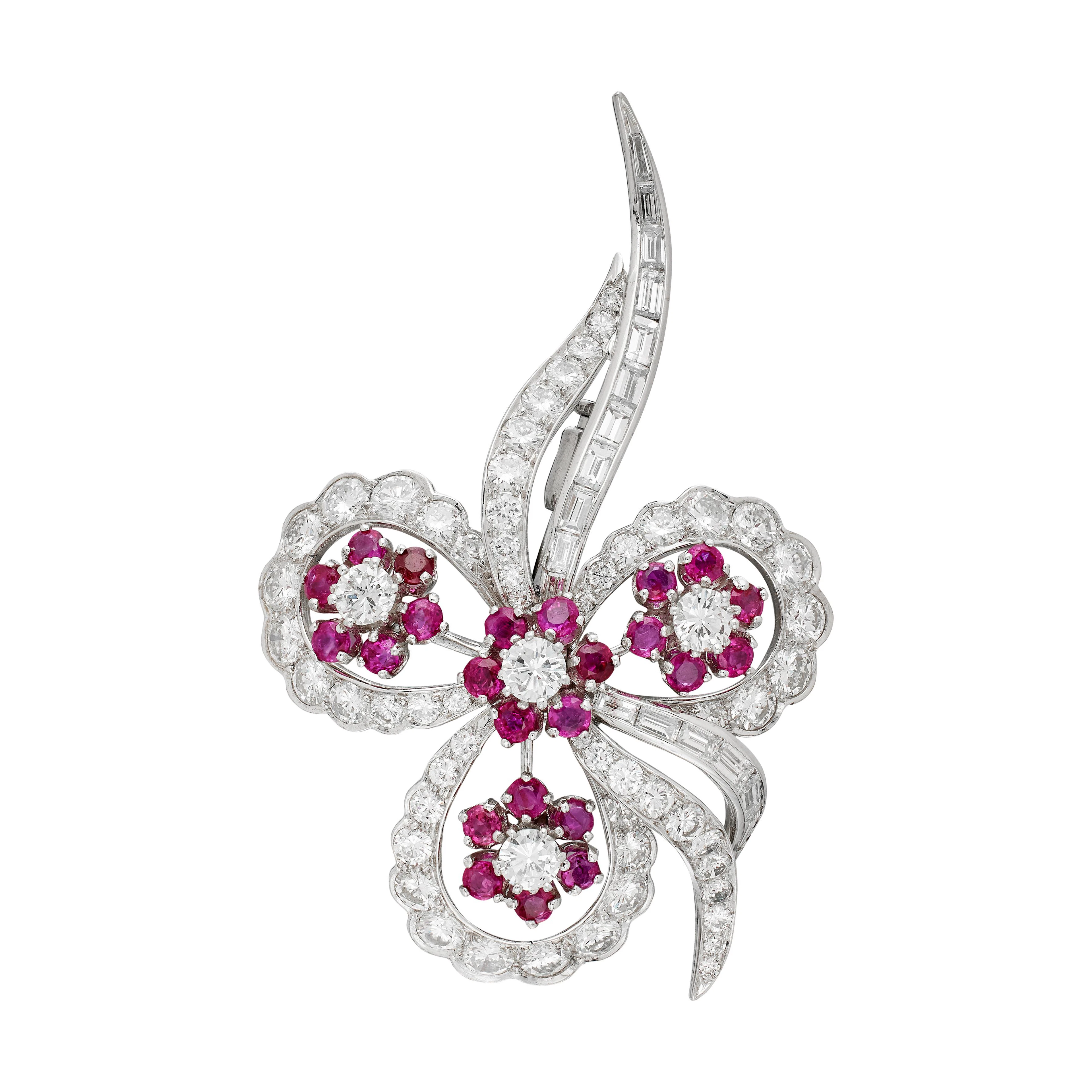 Vintage Platinum, Diamond and Ruby Floral Brooch