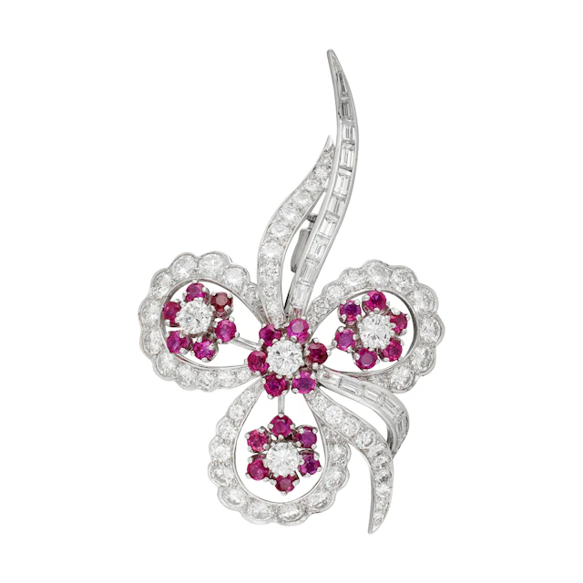 Vintage Platinum, Diamond and Ruby Floral Brooch