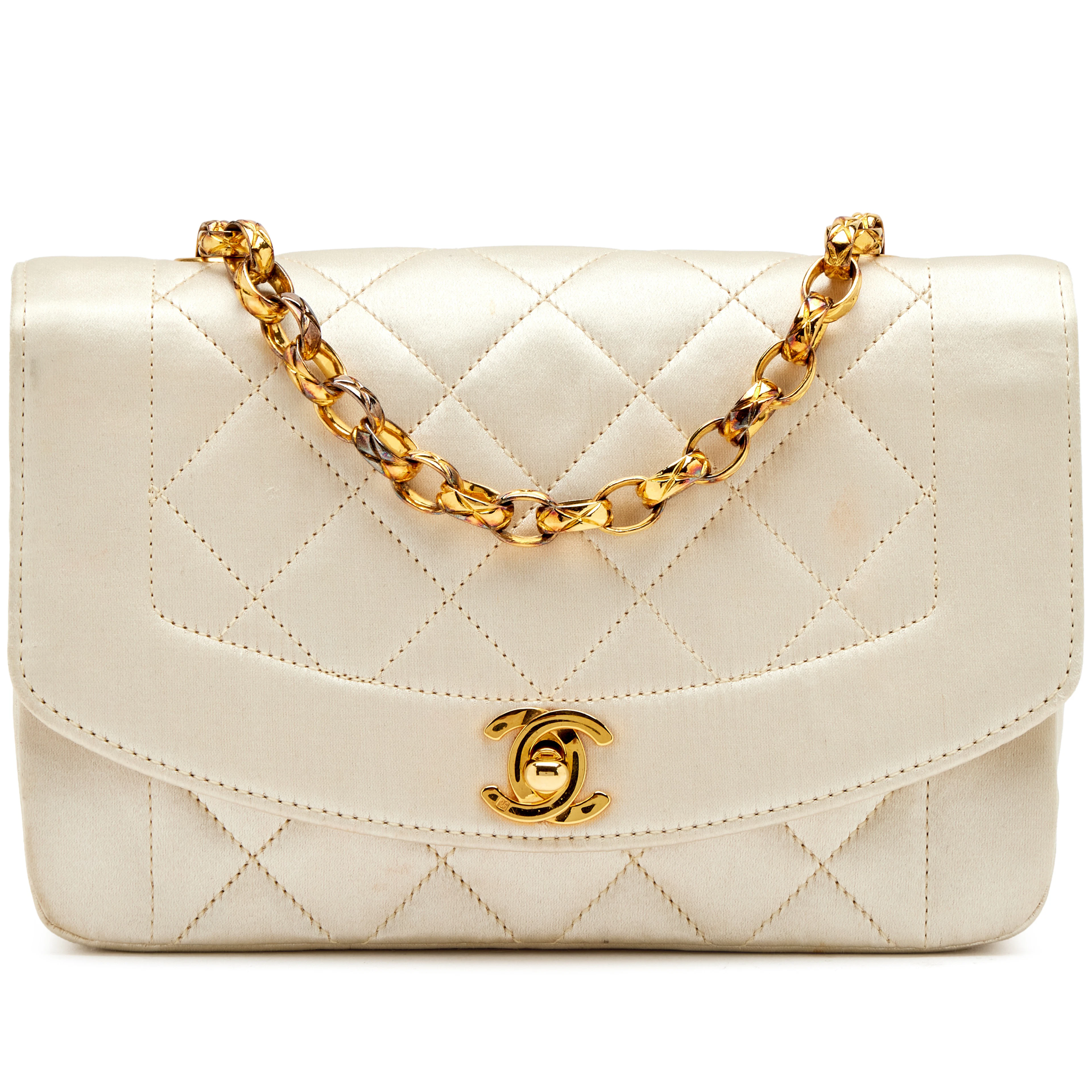 Vintage Ivory Quilted Satin Mini Diana Bijoux Chain Flap Bag Gold