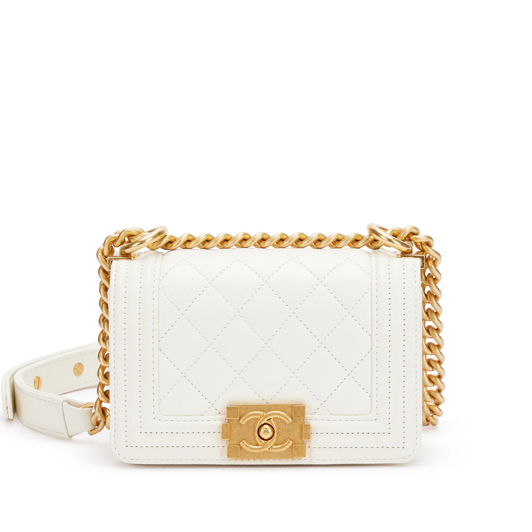 White Quilted Caviar Mini Boy Bag Aged Gold Hardware