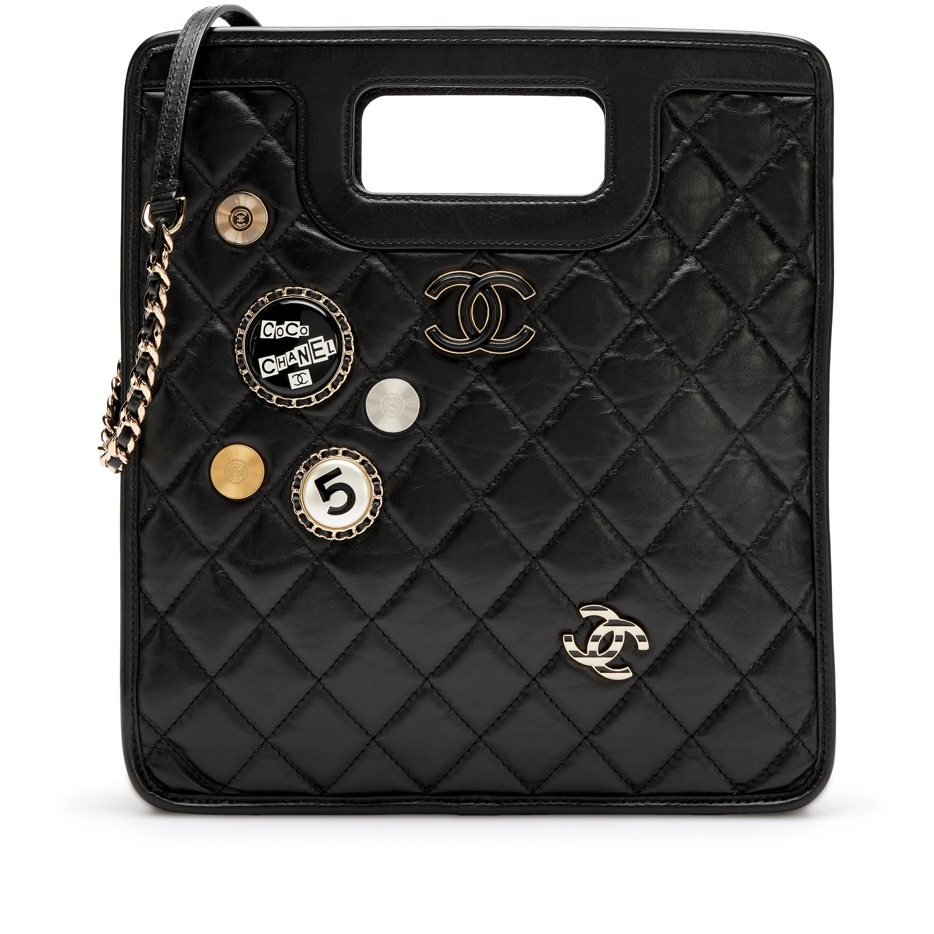 Black Quilted Calfskin Lucky Charms Graphic Catch Cut Out Handle Tote