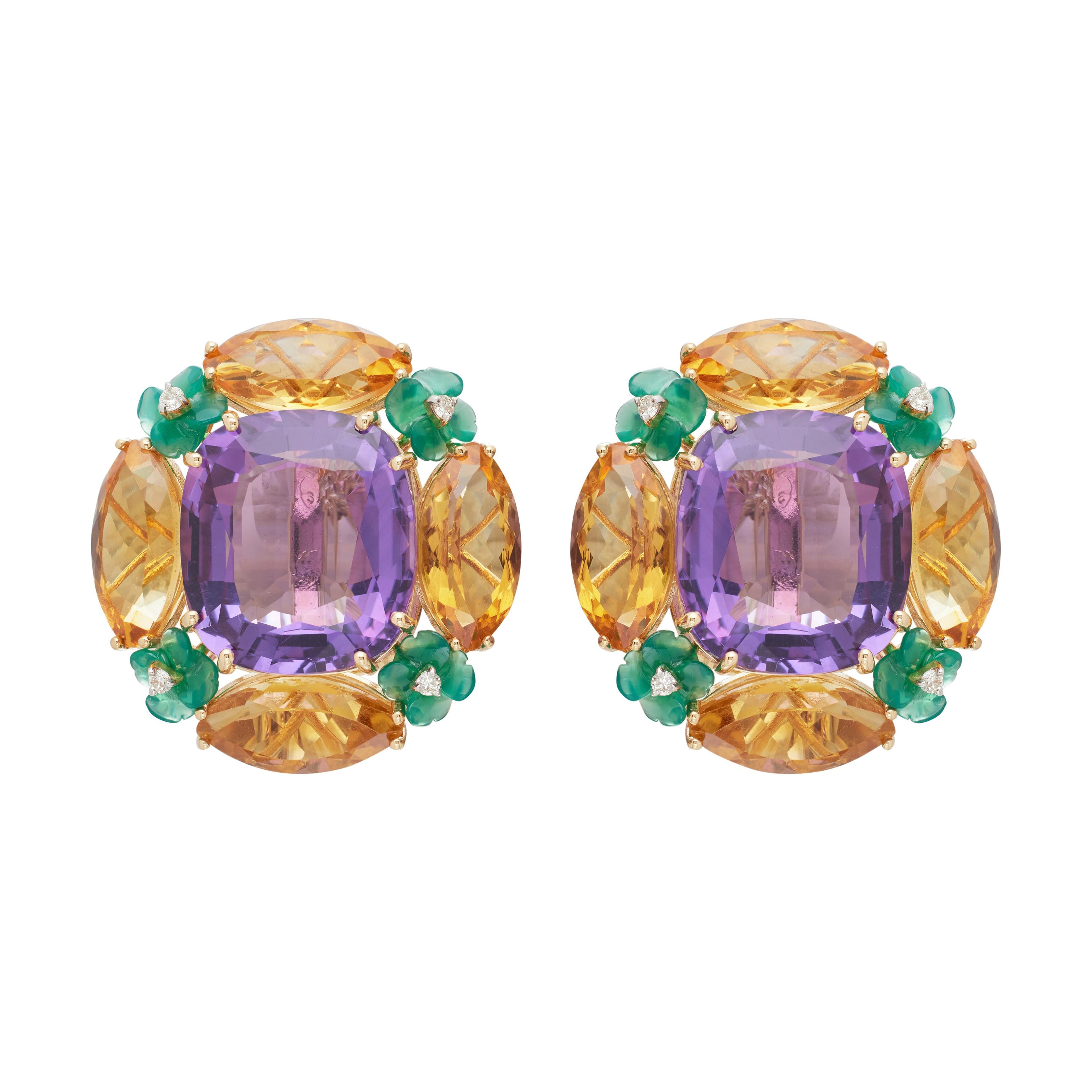 Gold, Amethyst, Citrine, Green Chalcedony and Diamond Earclips