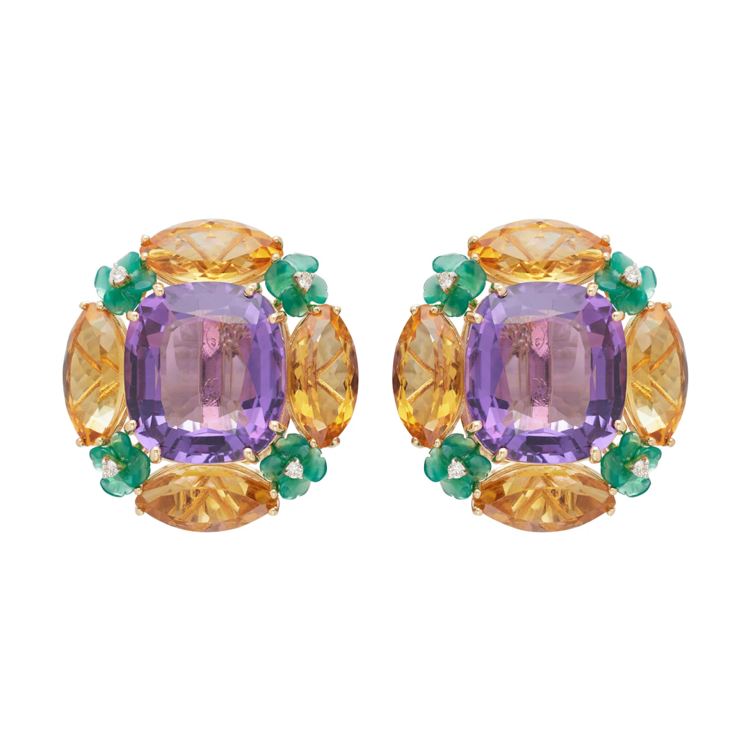 Gold, Amethyst, Citrine, Green Chalcedony and Diamond Earclips