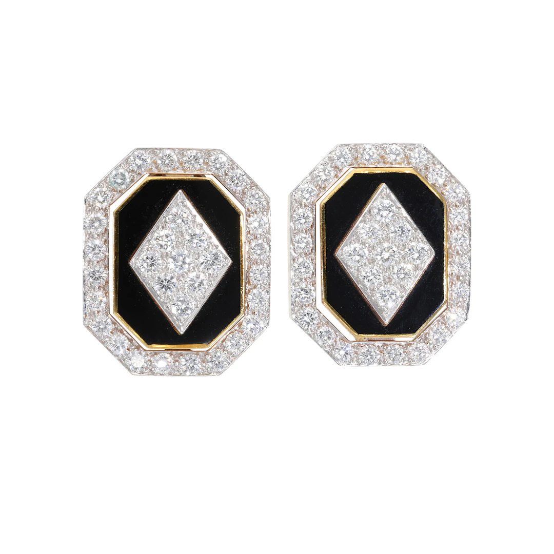 Platinum Topped Gold, Diamond and Enamel Earclips