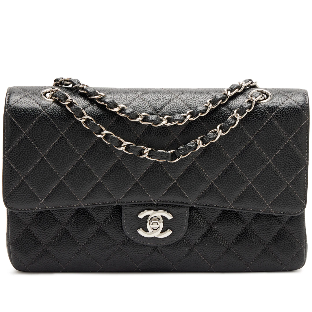 Vintage Black Quilted Caviar Medium Classic Double Flap Bag Silver