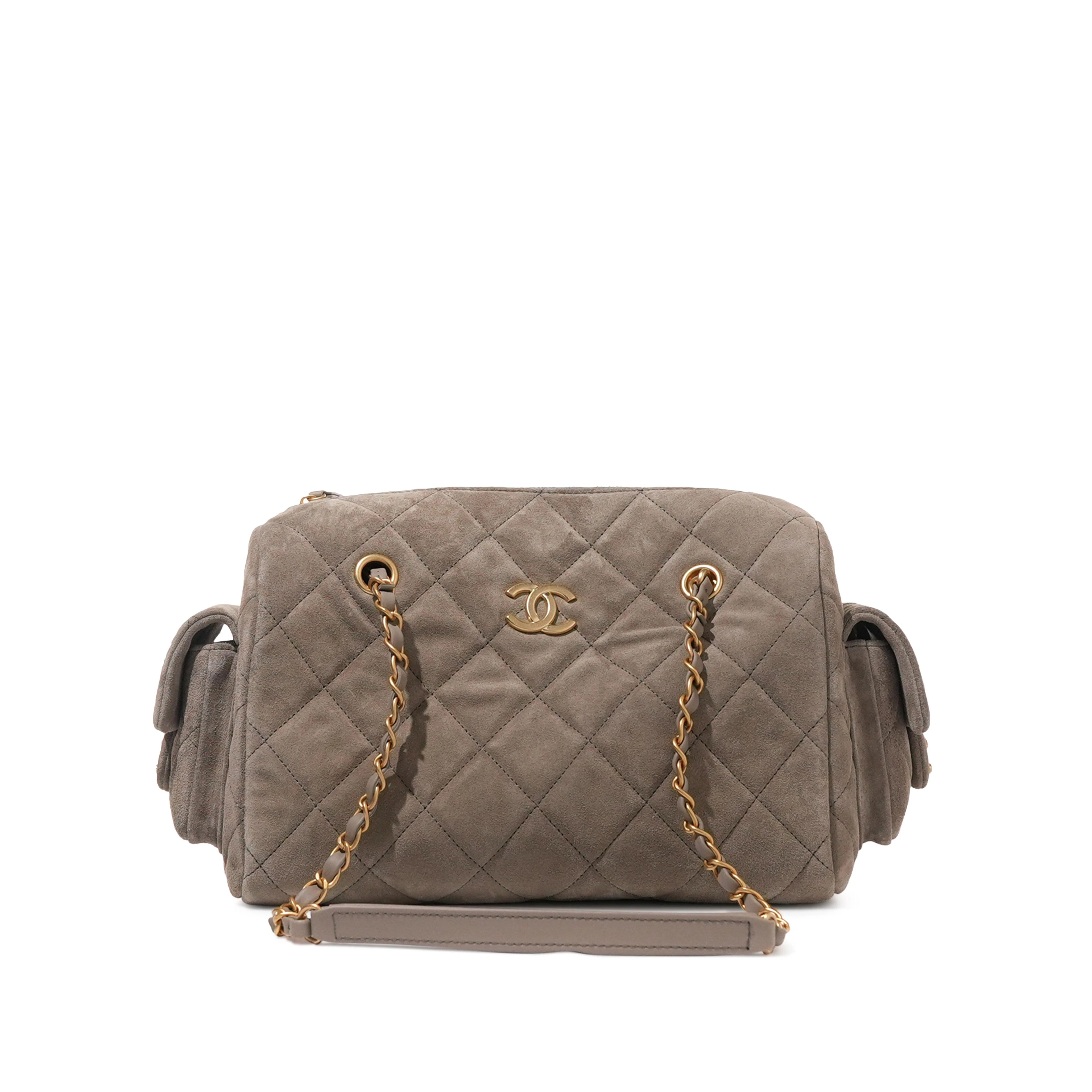 Grey Quilted Suede Chanel 25 Bowling Bag Brushed Gold Hardware