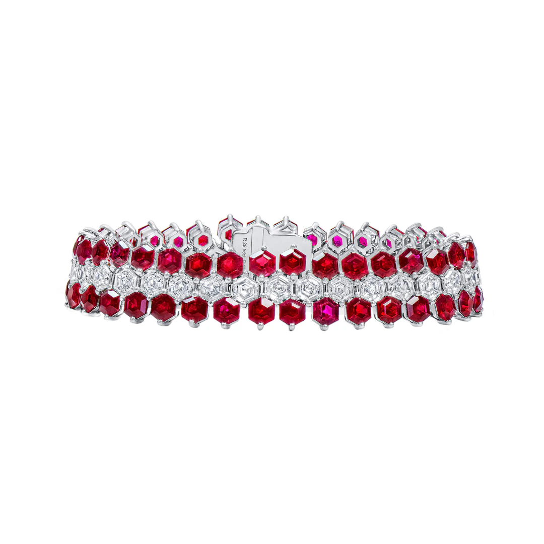 White Gold, Ruby and Diamond Three Row Bracelet