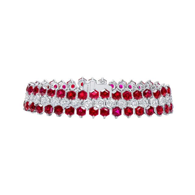 White Gold, Ruby and Diamond Three Row Bracelet