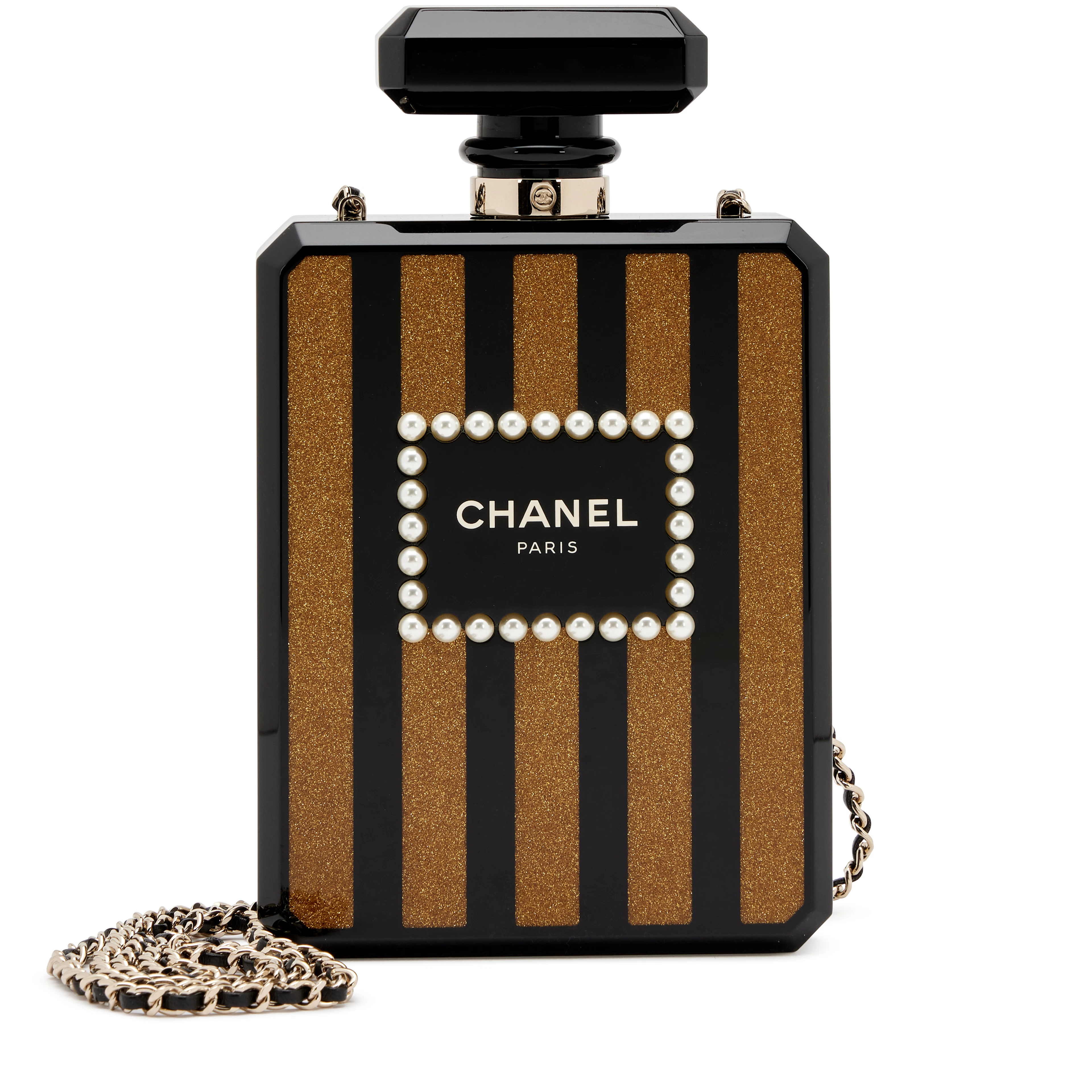 Black and Gold Glitter Plexiglass Imitation Pearl Embellished Perfume