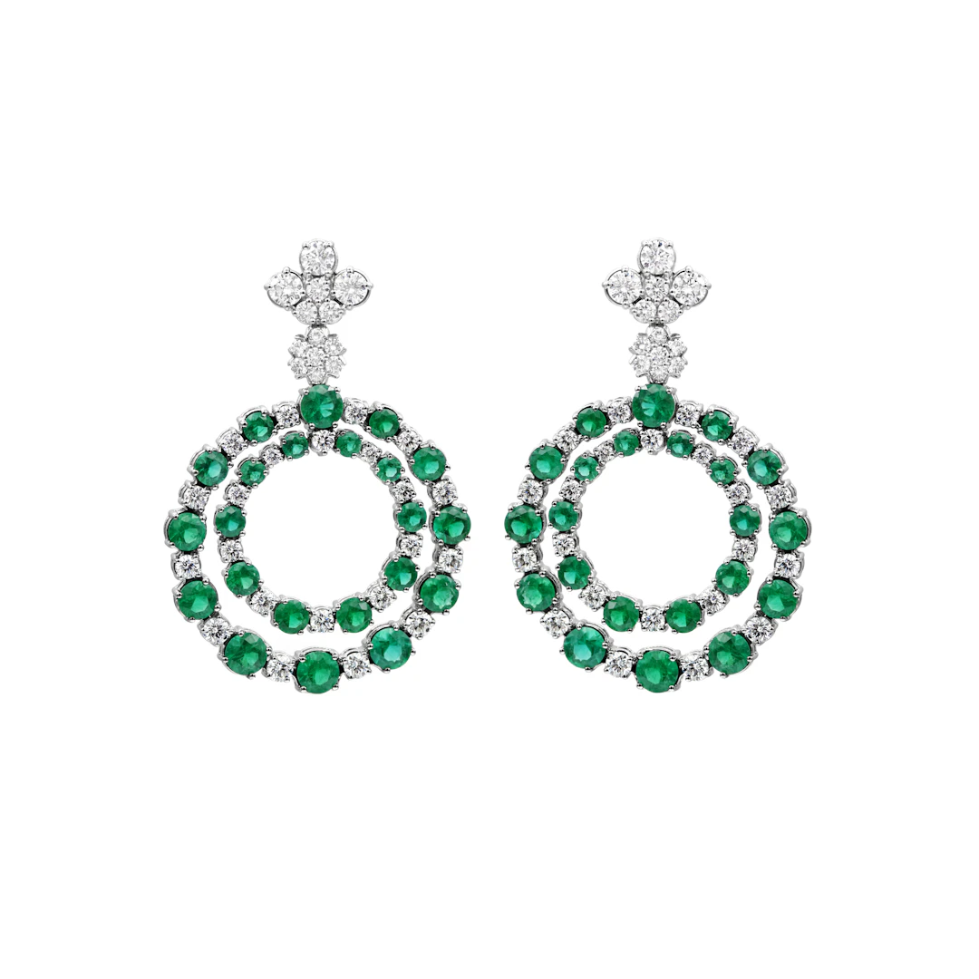 White Gold, Emerald and Diamond Circular Drop Earrings