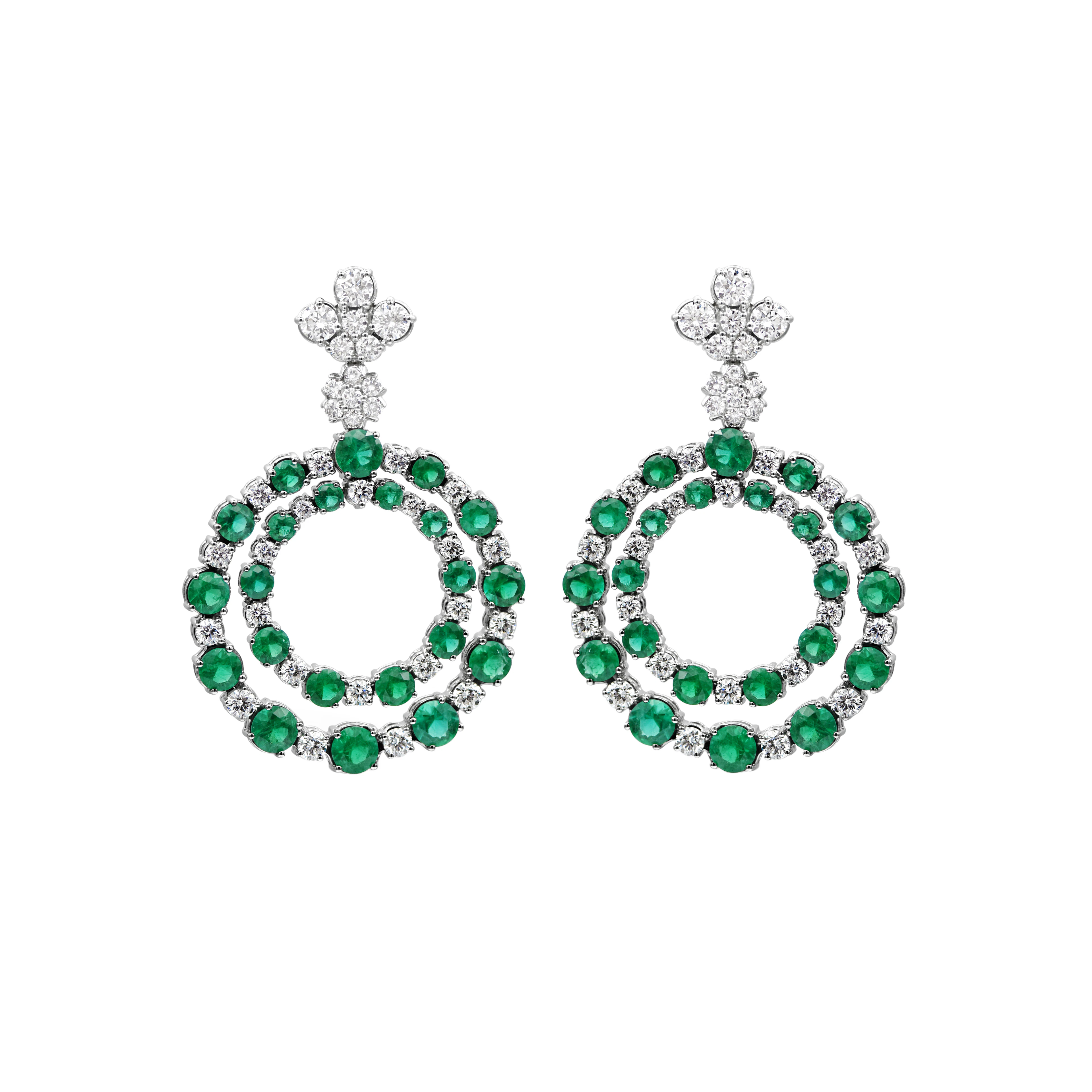 White Gold, Emerald and Diamond Circular Drop Earrings