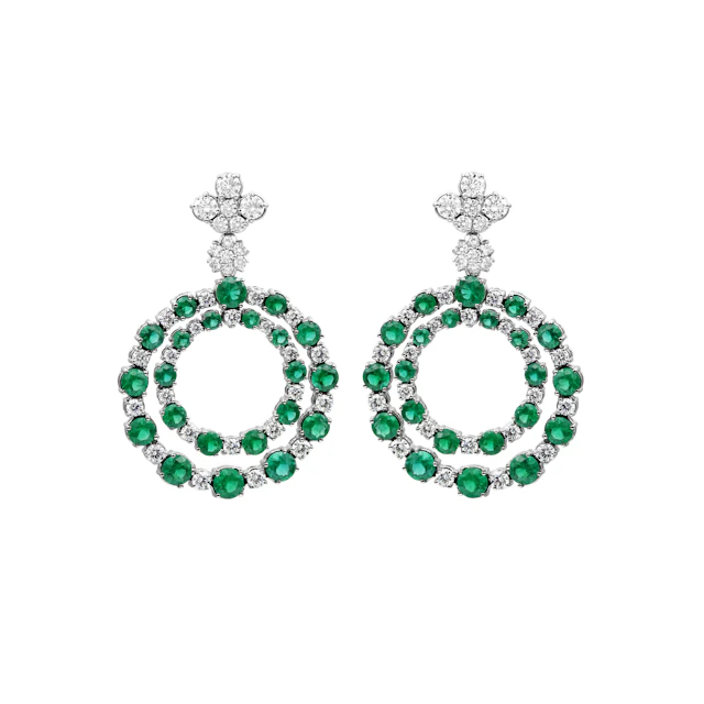 White Gold, Emerald and Diamond Circular Drop Earrings