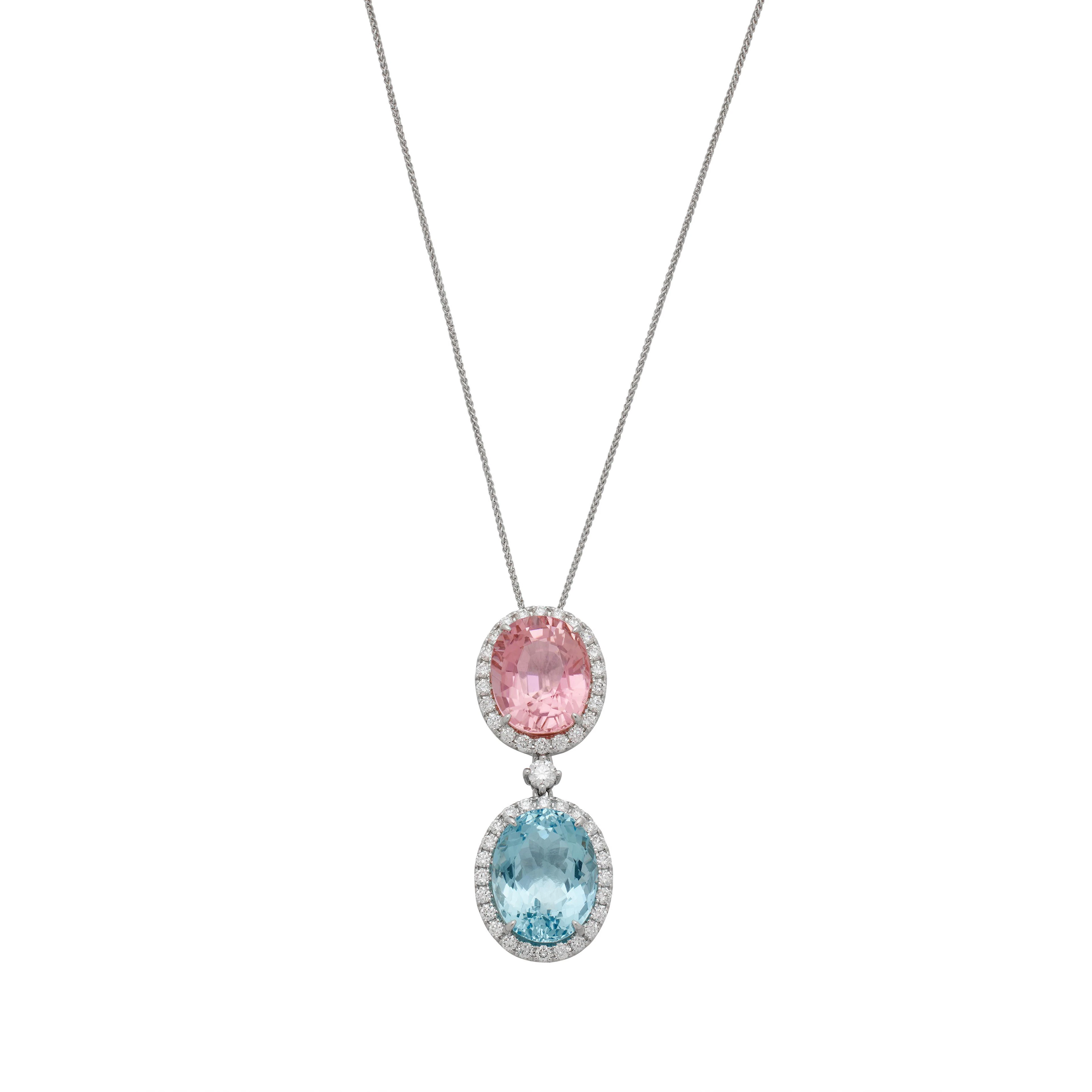 White Gold, Aquamarine, Tourmaline and Diamond Pendant Necklace