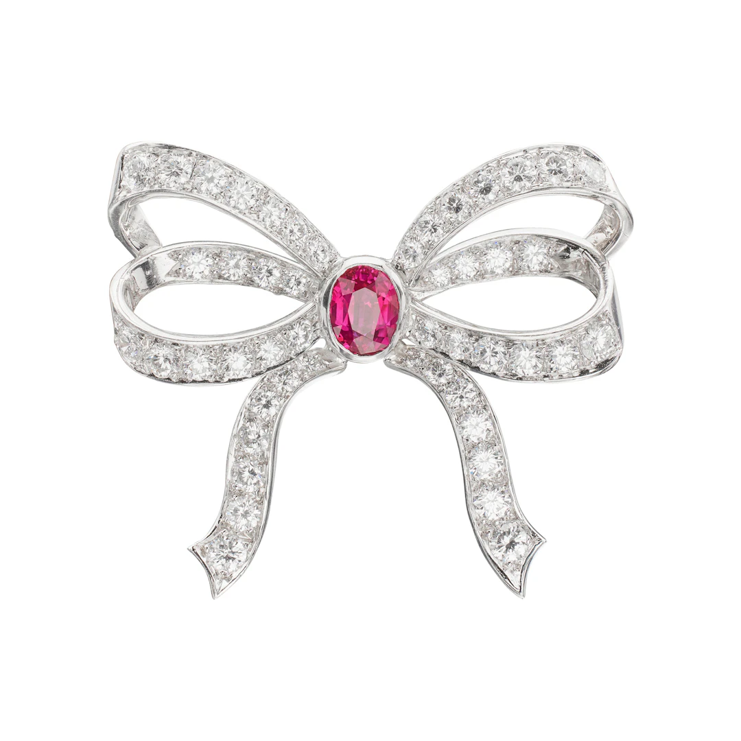 Platinum, 1.25ct Burmese Ruby and Diamond Bow Brooch