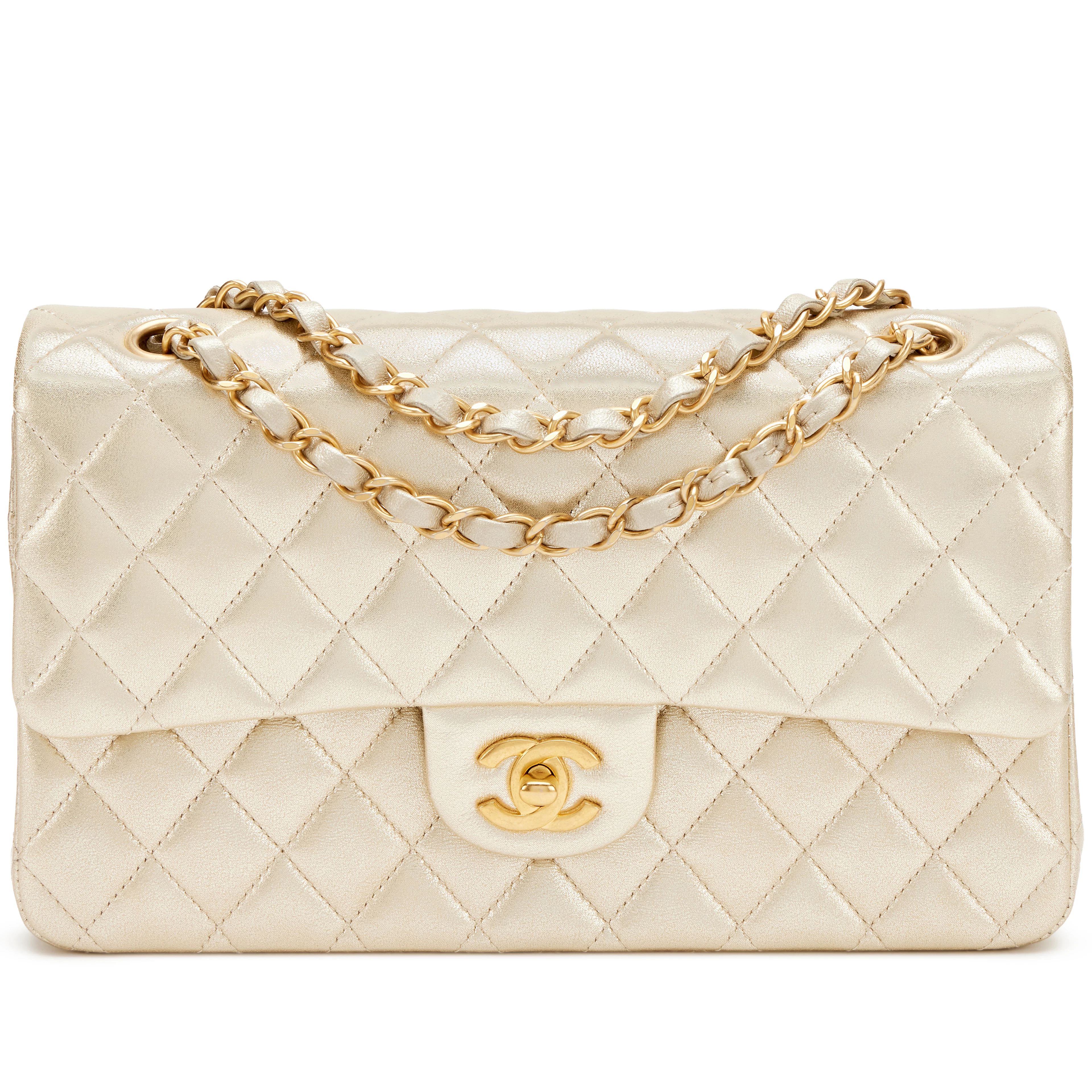 Gold Quilted Metallic Lambskin Medium Classic Double Flap Bag Aged