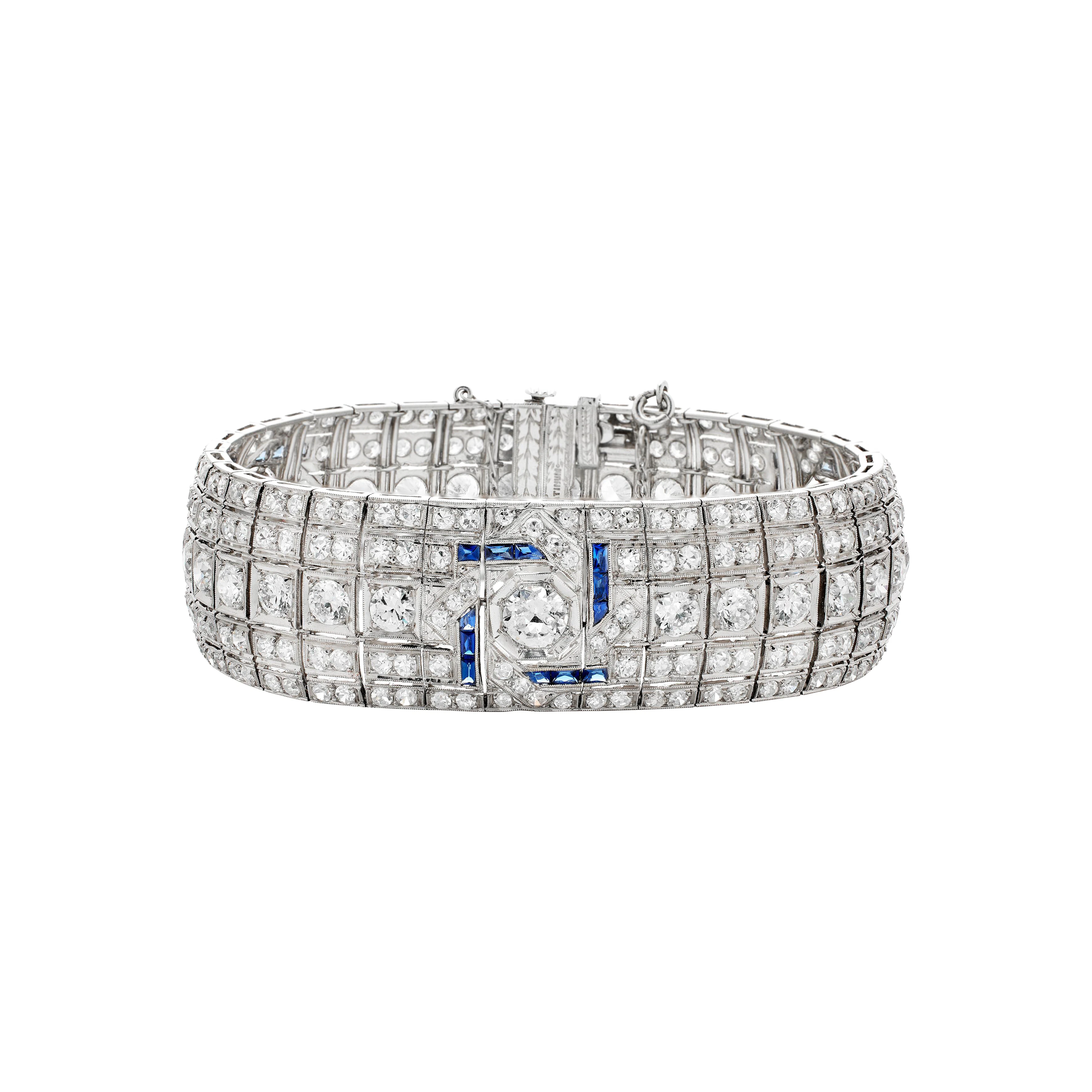 Art Deco Platinum, Diamond and Synthentic Sapphire Bracelet