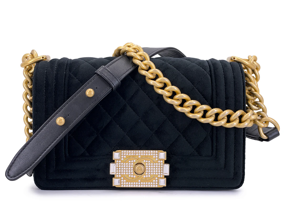 Black Quilted Velvet Metiers D'Art Small Boy Bag Gold and Crystal