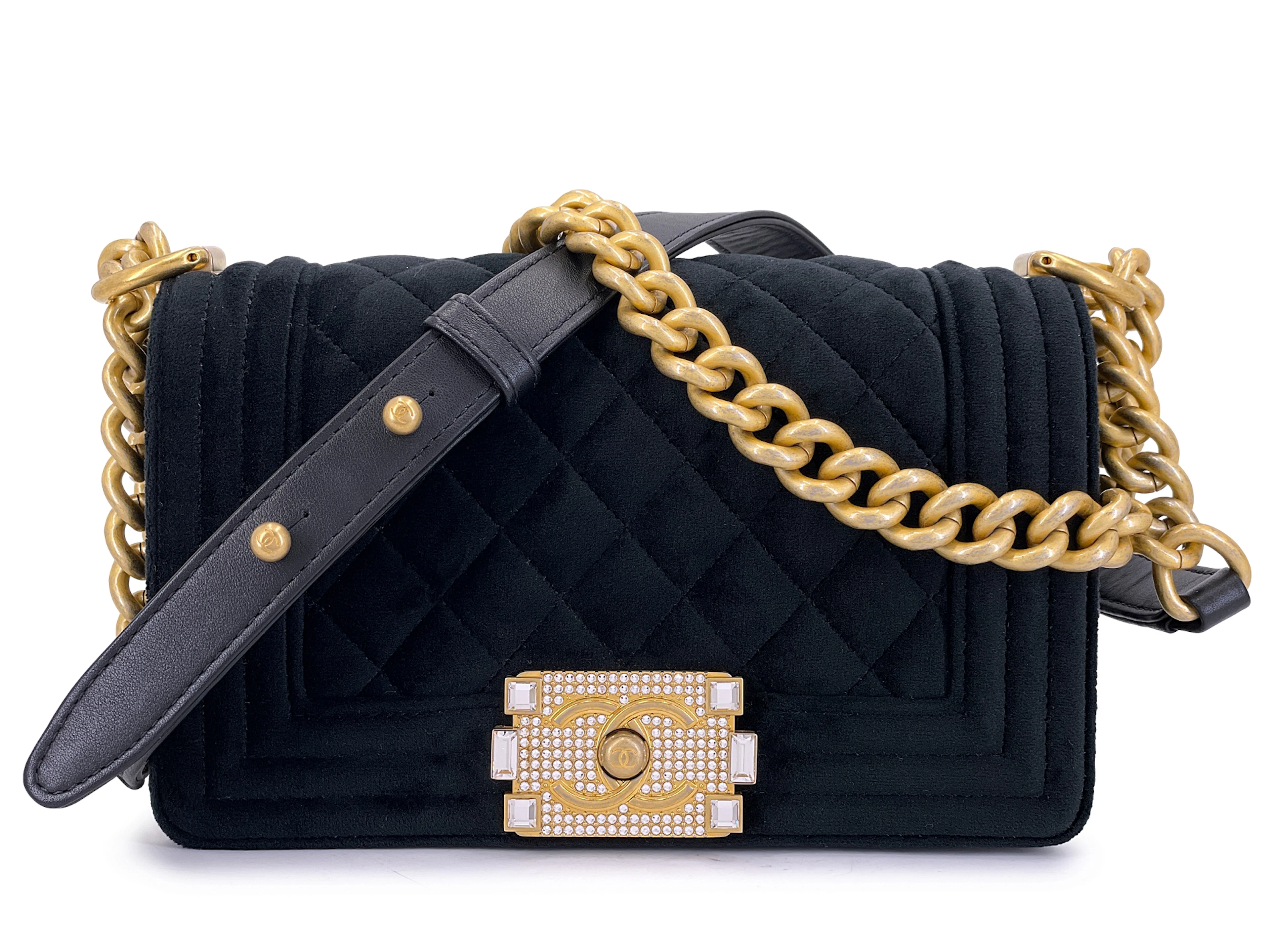 Black Quilted Velvet Metiers D'Art Small Boy Bag Gold and Crystal