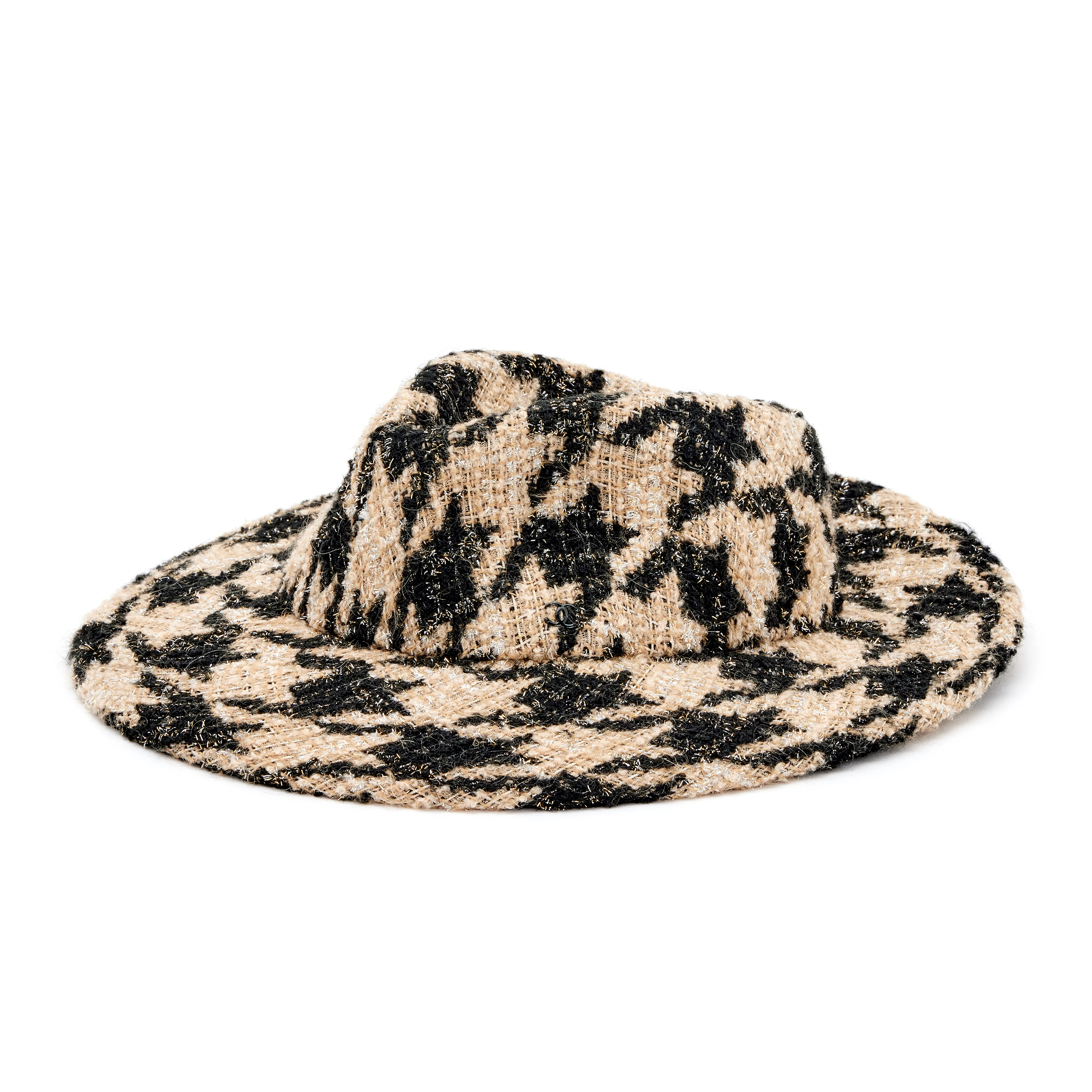 Beige, Black and Silver Houndstooth Tweed Fedora Hat Size M, 2019