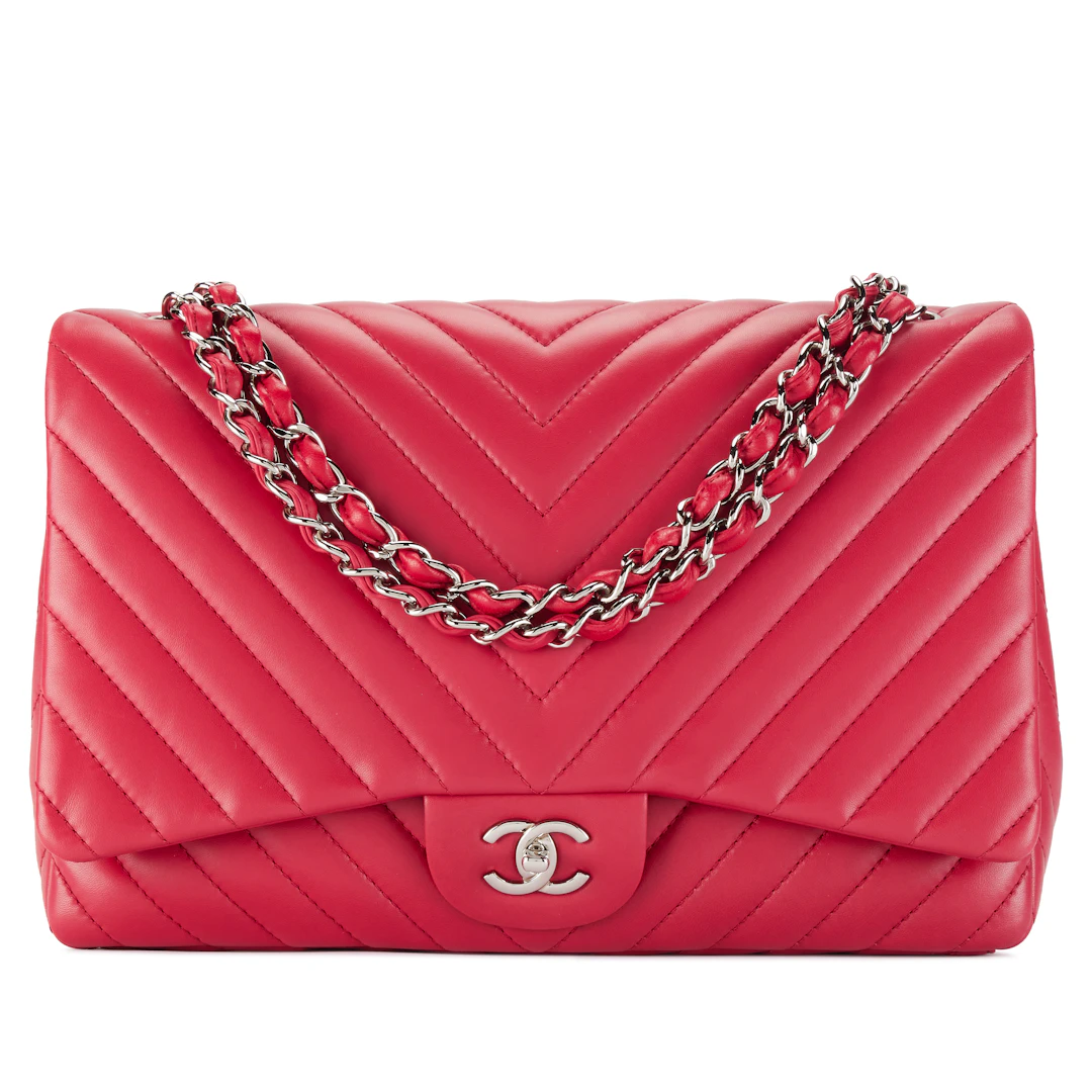 Raspberry Pink Chevron Quilted Lambskin Classic Maxi Single Flap Bag