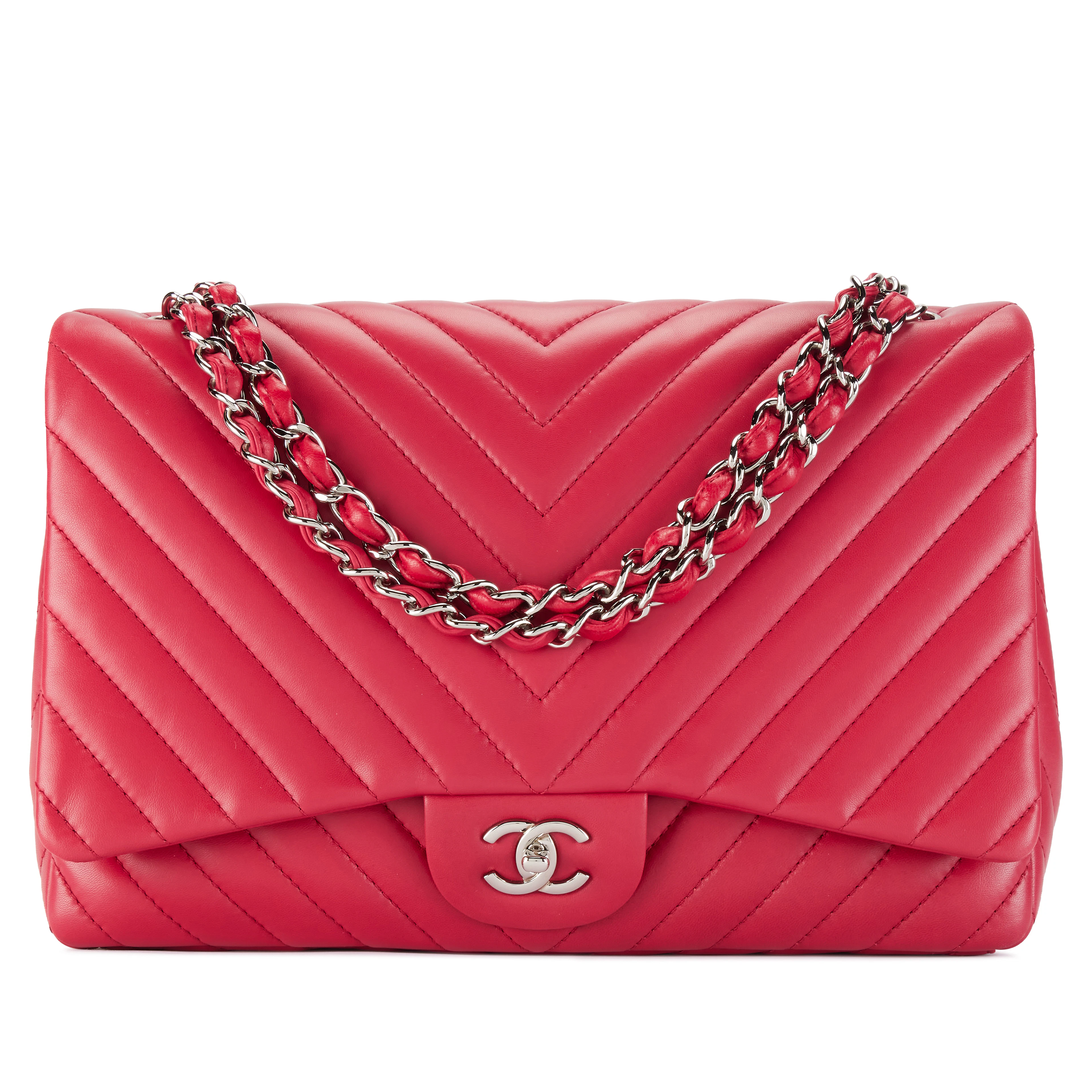 Raspberry Pink Chevron Quilted Lambskin Classic Maxi Single Flap Bag
