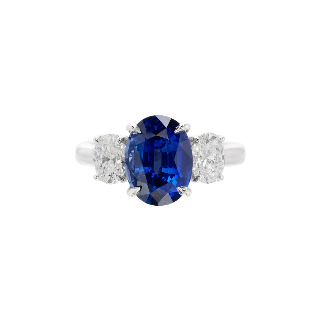 White Gold, 4.27ct Madagascar Sapphire and Diamond Three Stone Ring