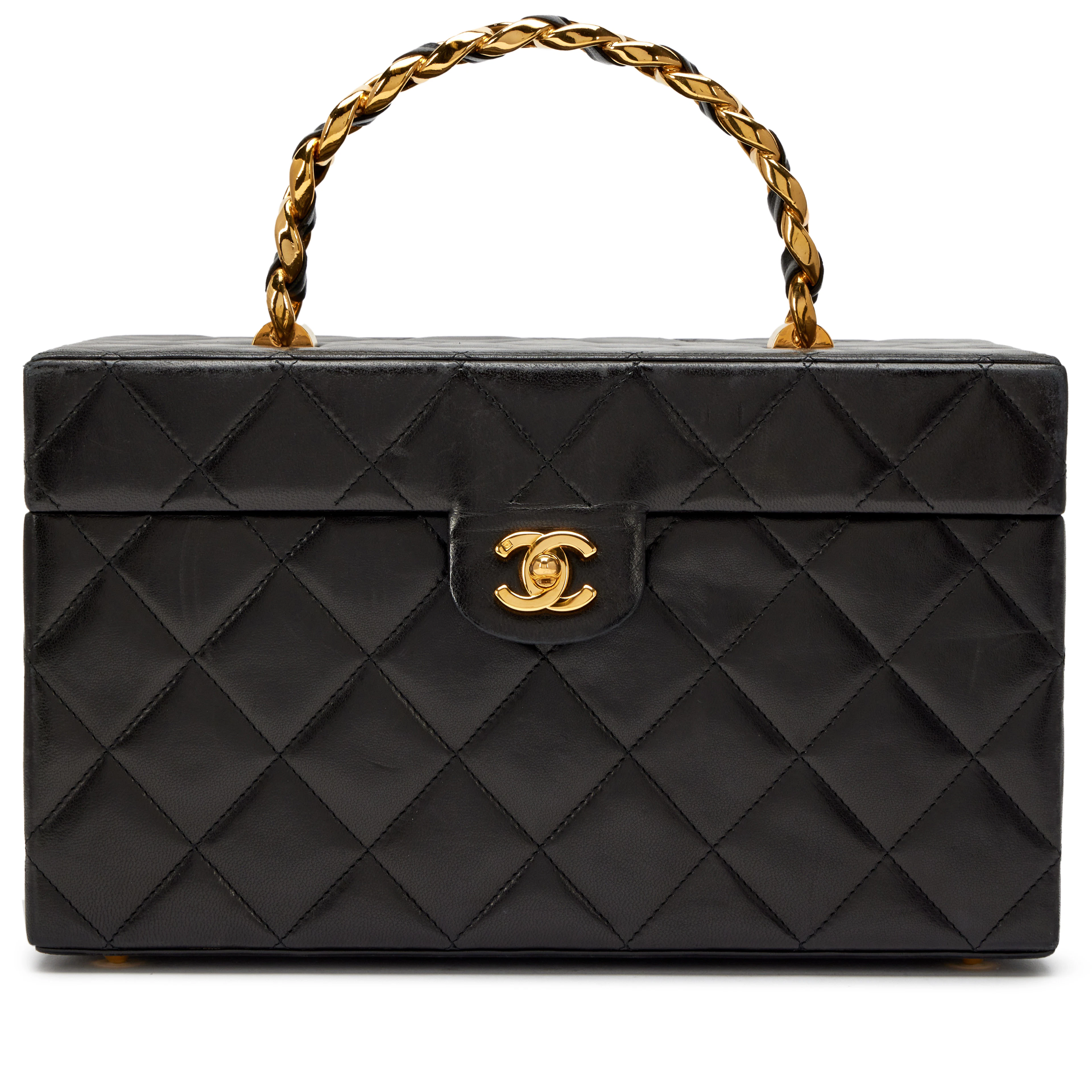 Vintage Black Quilted Lambskin Large Vanity Box Bag Gold Hardware, 1994-1996